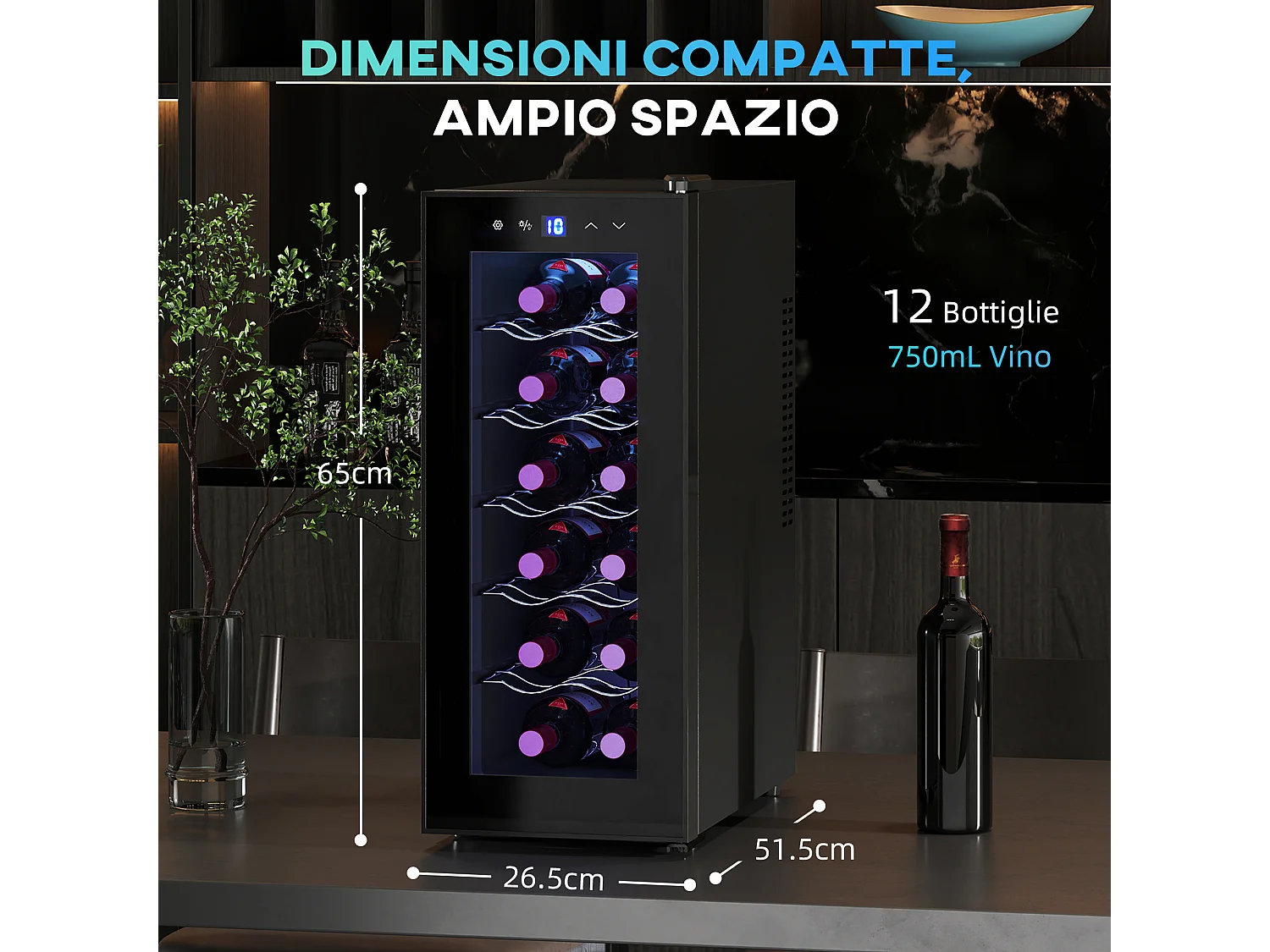 Cantinetta frigo per 12 bottiglie display touch e ripiani regolabili