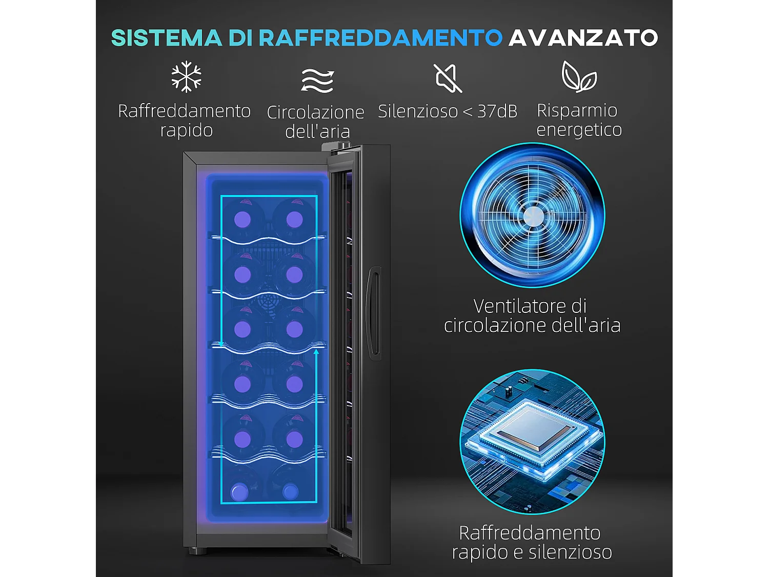 Cantinetta frigo per 12 bottiglie display touch e ripiani regolabili