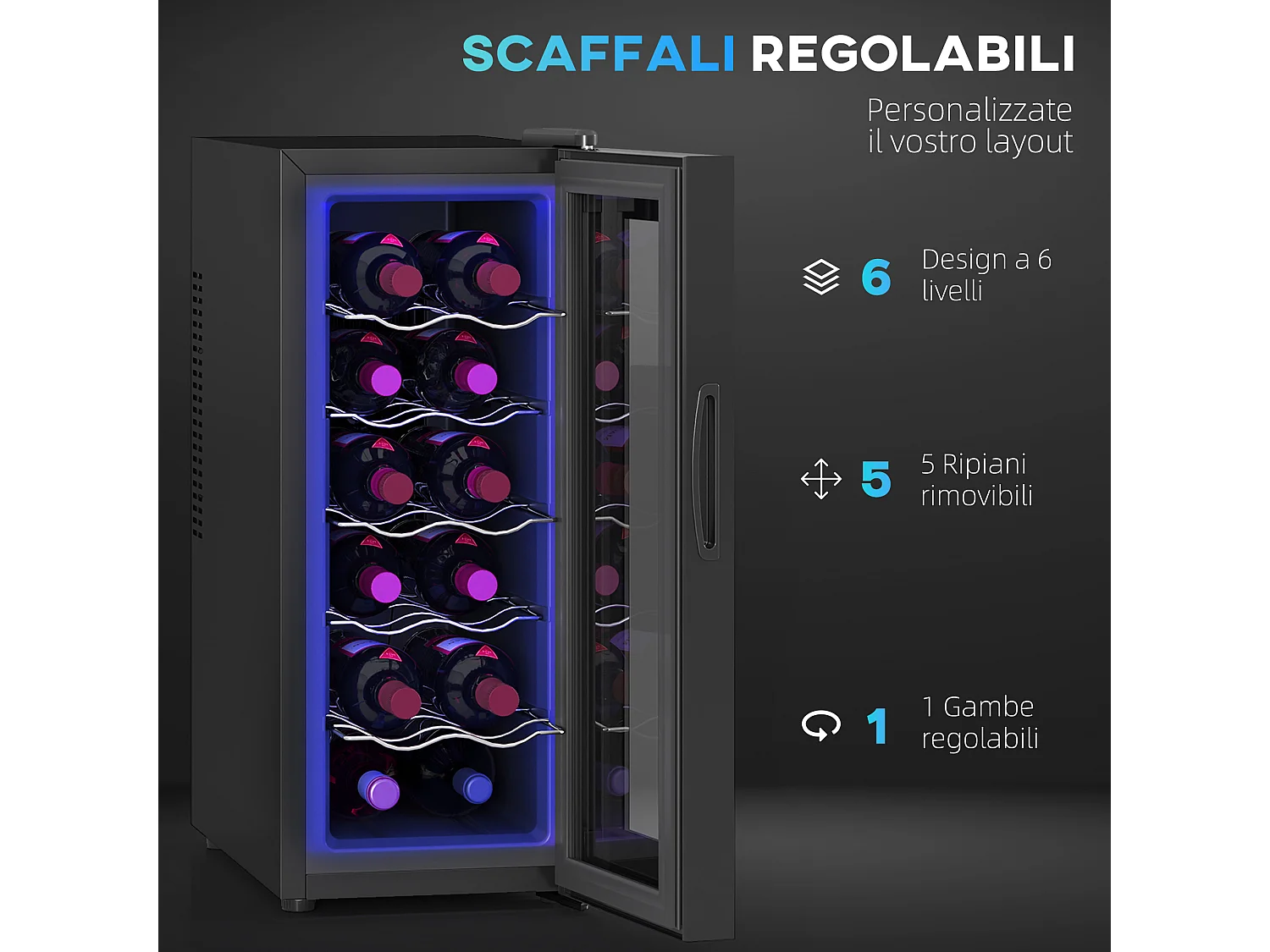 Cantinetta frigo per 12 bottiglie display touch e ripiani regolabili