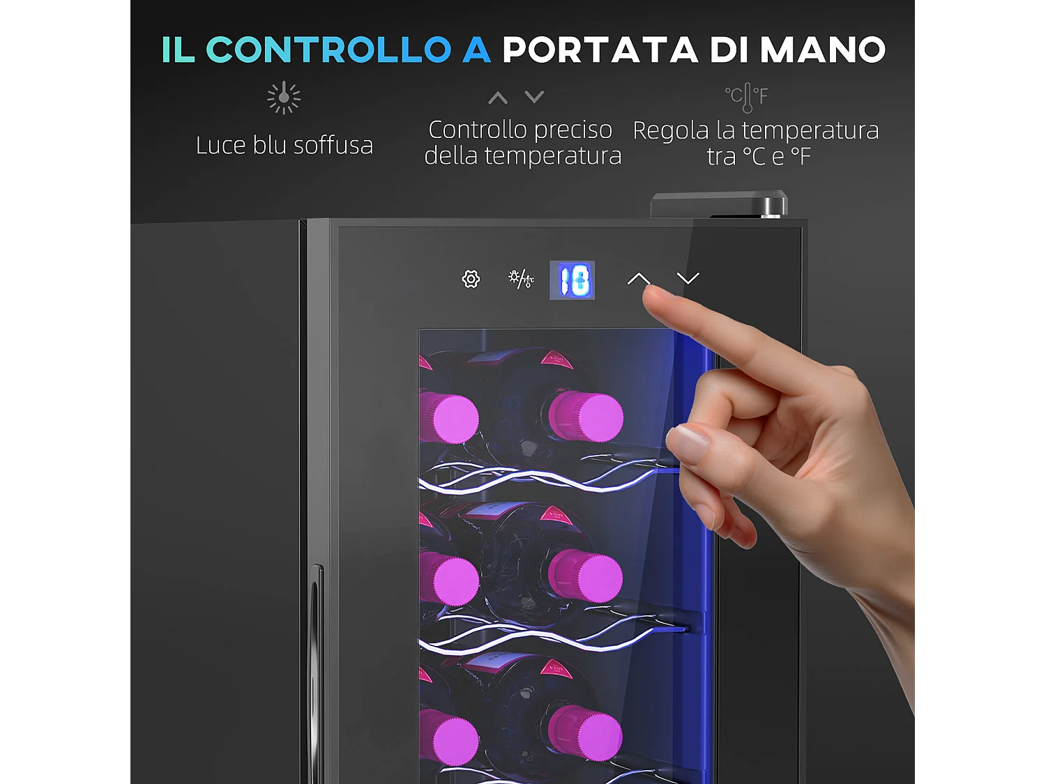 Cantinetta frigo per 12 bottiglie display touch e ripiani regolabili