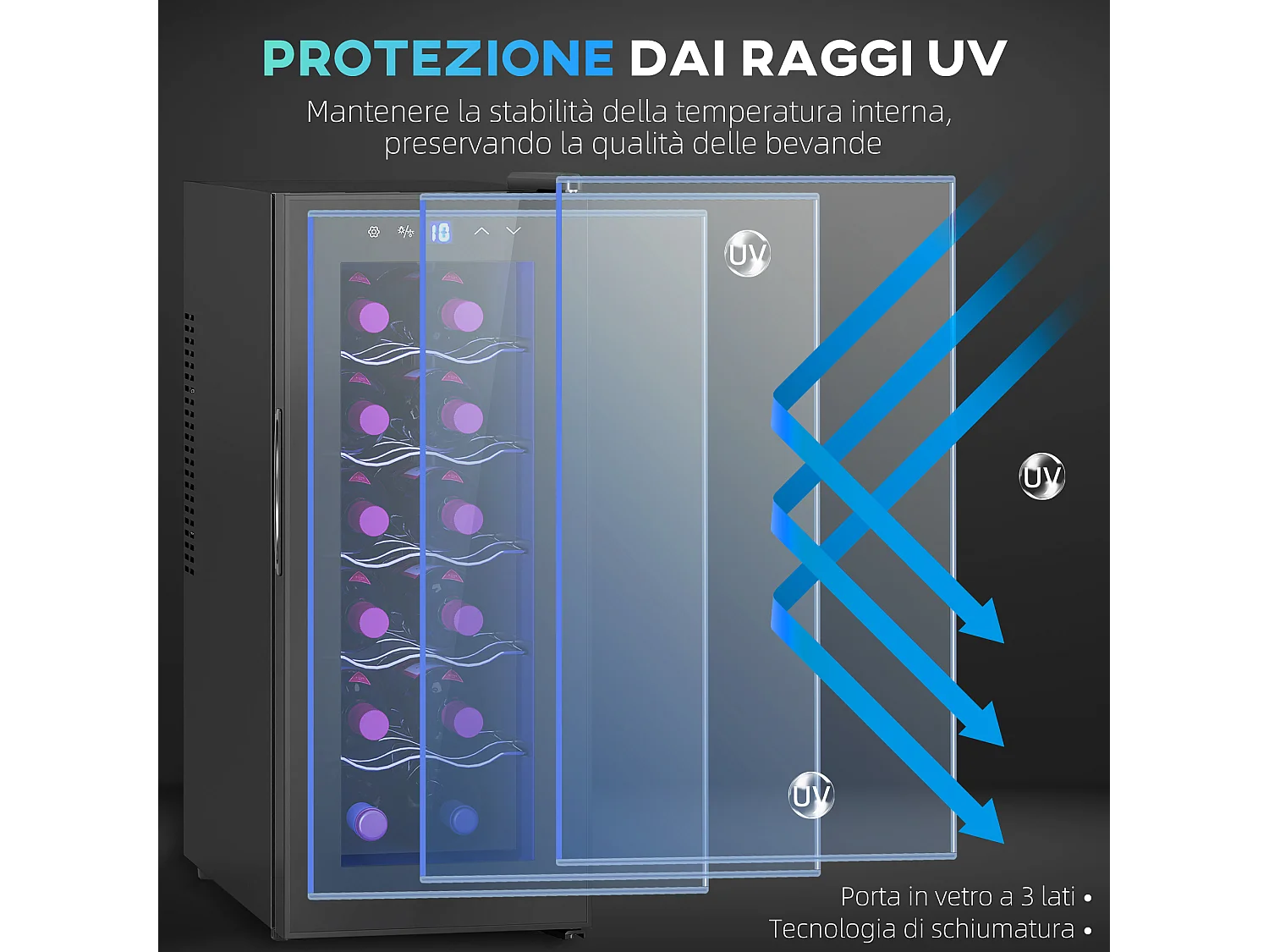 Cantinetta frigo per 12 bottiglie display touch e ripiani regolabili