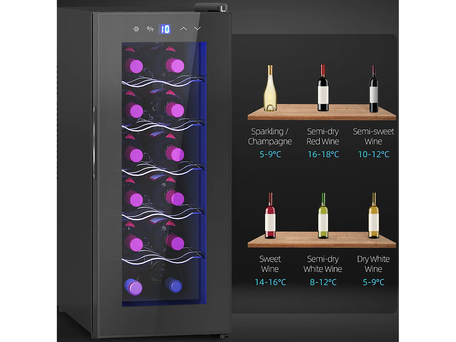 Cantinetta frigo per 12 bottiglie display touch e ripiani regolabili
