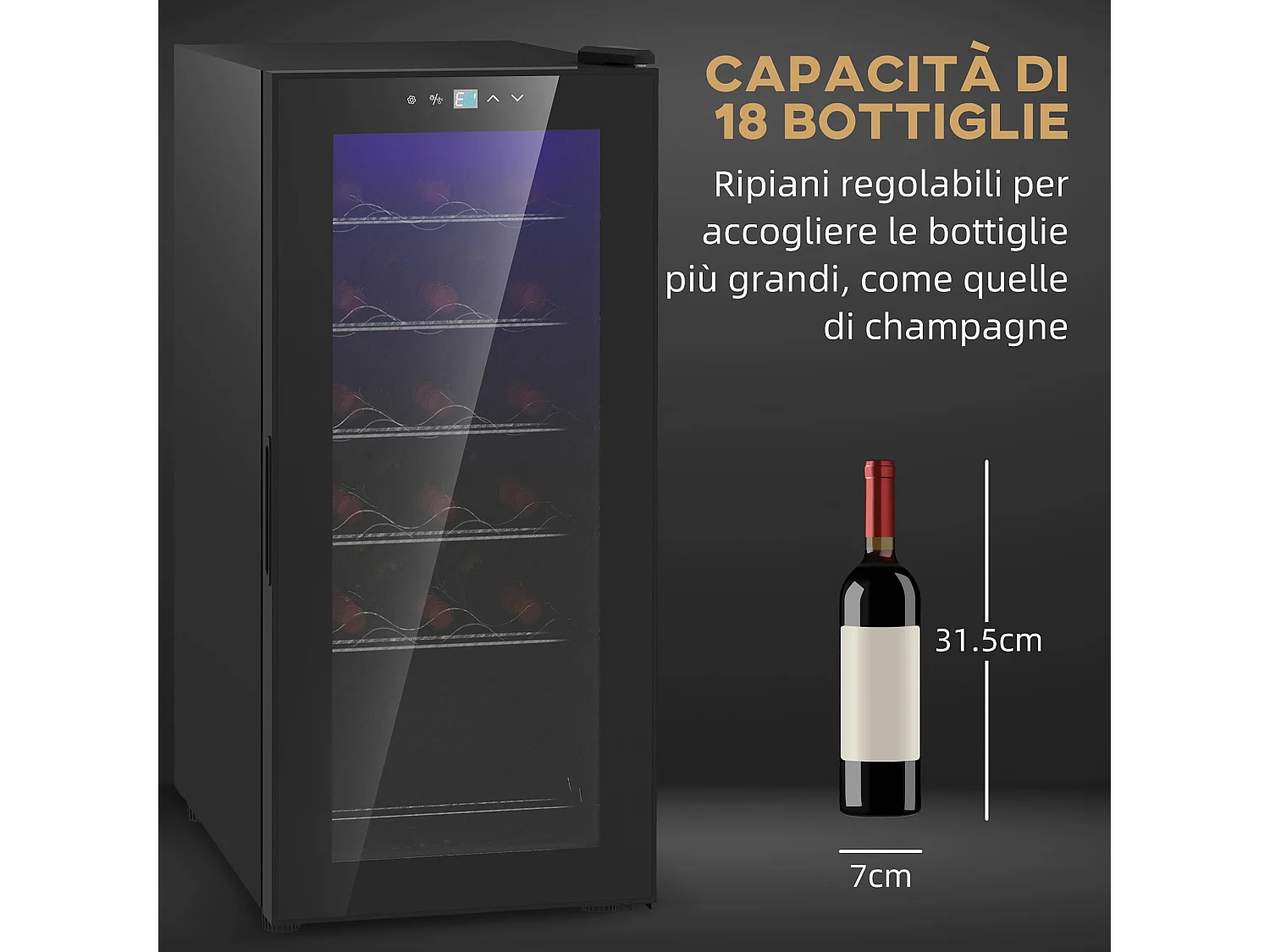 Cantinetta frigo per 18 bottiglie con display touch e luce led