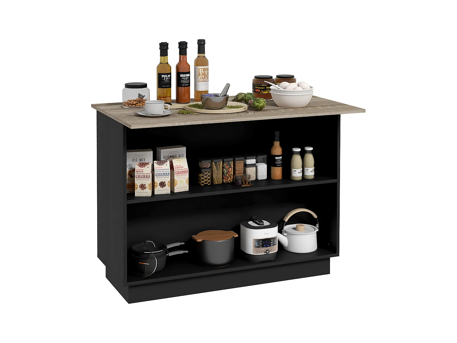 Isola per cucina con 2 ripiani e 2 armadietti in mdf nero e rovere