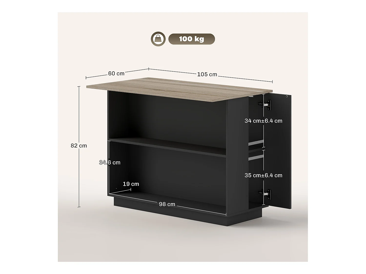 Isola per cucina con 2 ripiani e 2 armadietti in mdf nero e rovere