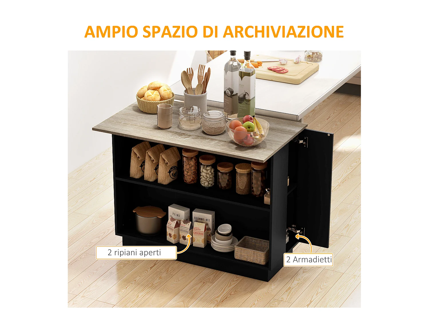 Isola per cucina con 2 ripiani e 2 armadietti in mdf nero e rovere
