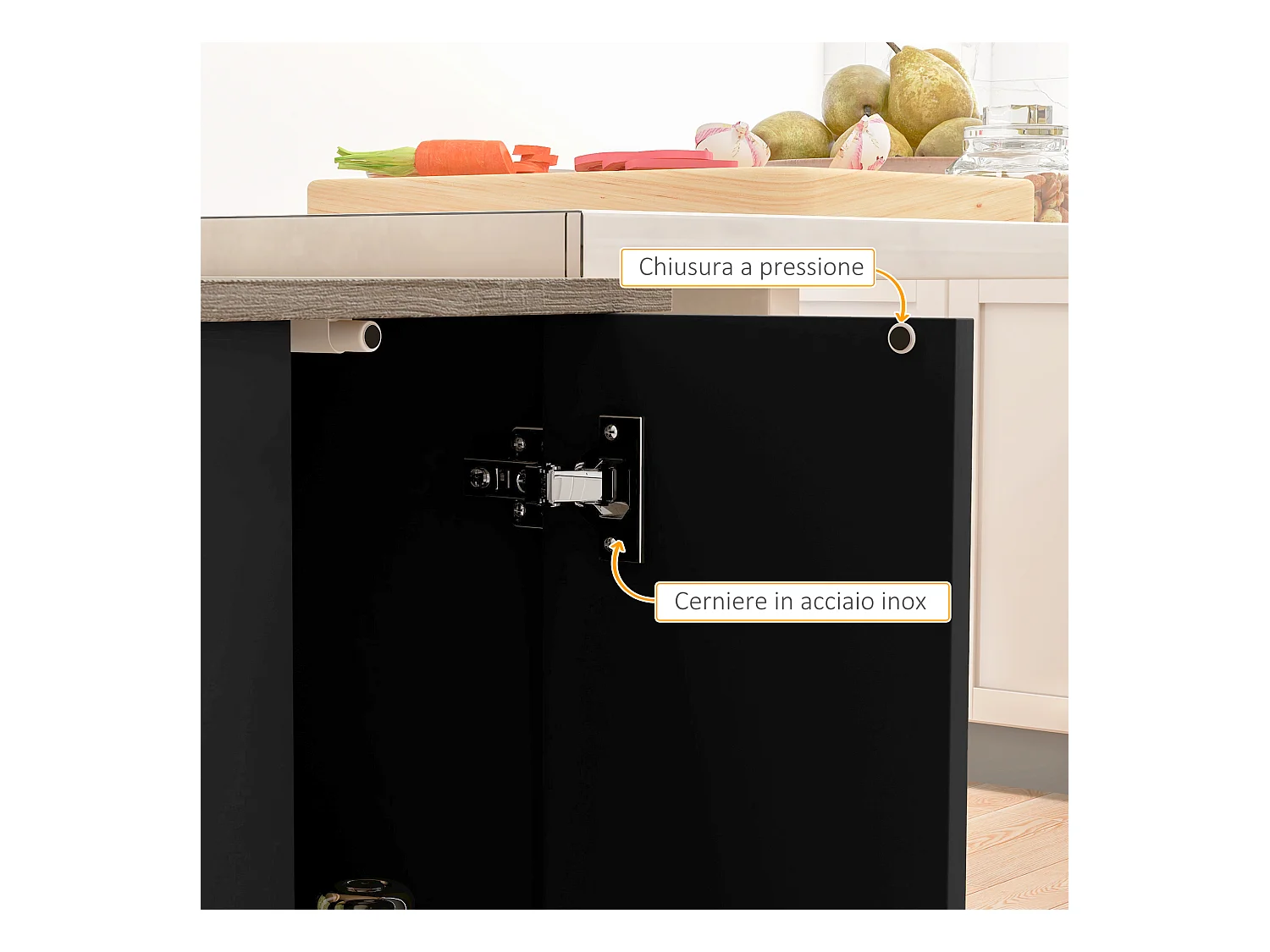 Isola per cucina con 2 ripiani e 2 armadietti in mdf nero e rovere