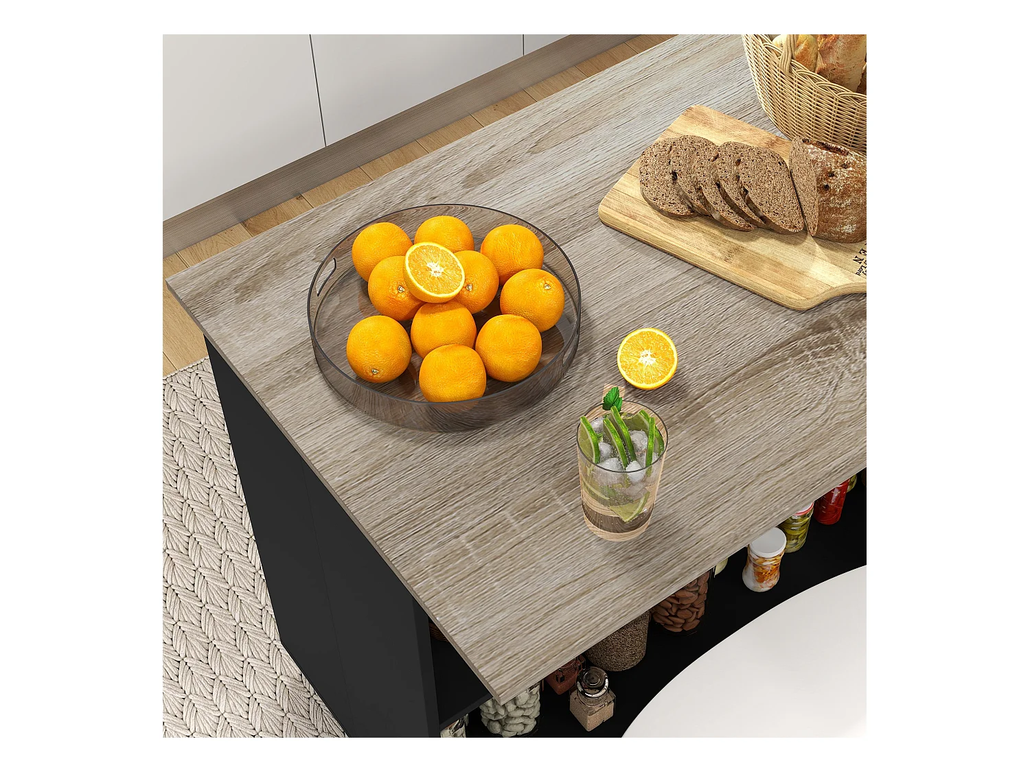 Isola per cucina con 2 ripiani e 2 armadietti in mdf nero e rovere