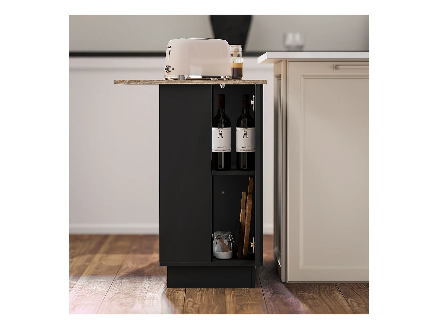 Isola per cucina con 2 ripiani e 2 armadietti in mdf nero e rovere