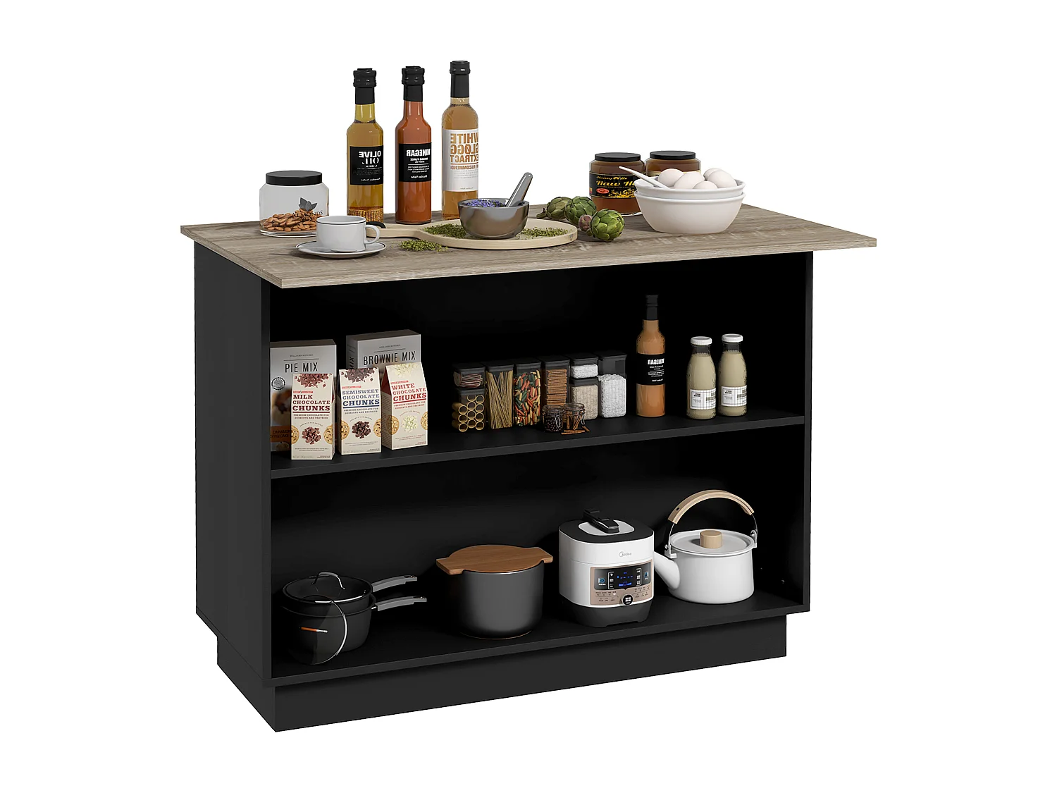 Isola per cucina con 2 ripiani e 2 armadietti in mdf nero e rovere