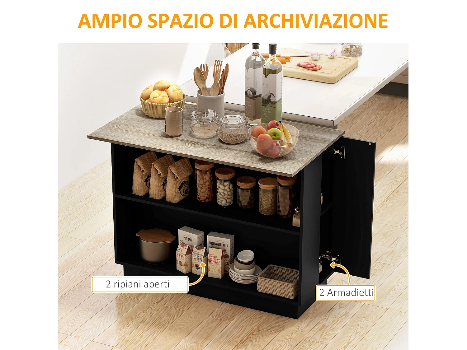 Isola per cucina con 2 ripiani e 2 armadietti in mdf nero e rovere
