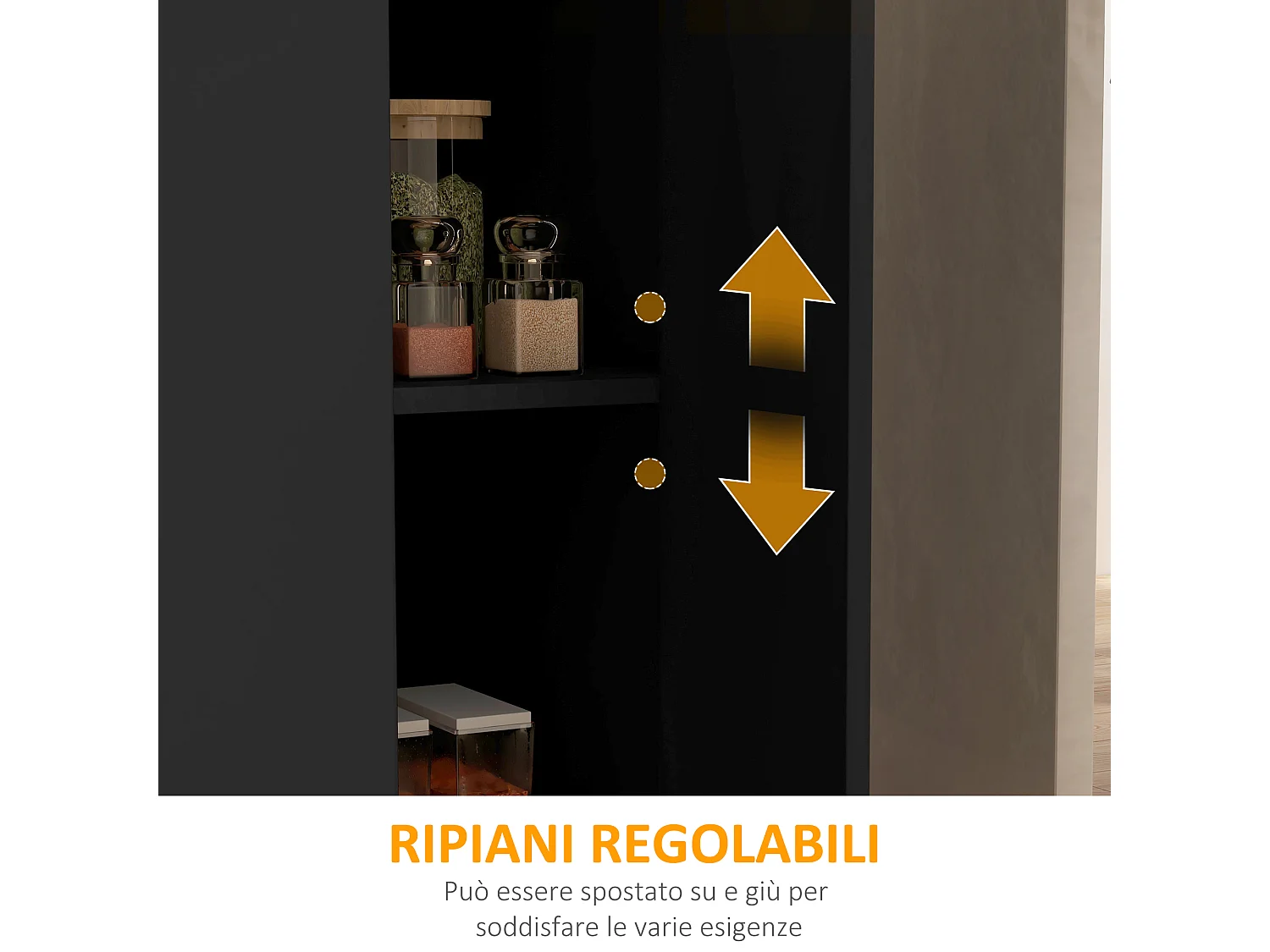 Isola per cucina con 2 ripiani e 2 armadietti in mdf nero e rovere