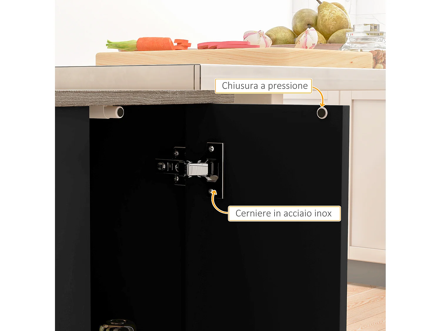 Isola per cucina con 2 ripiani e 2 armadietti in mdf nero e rovere