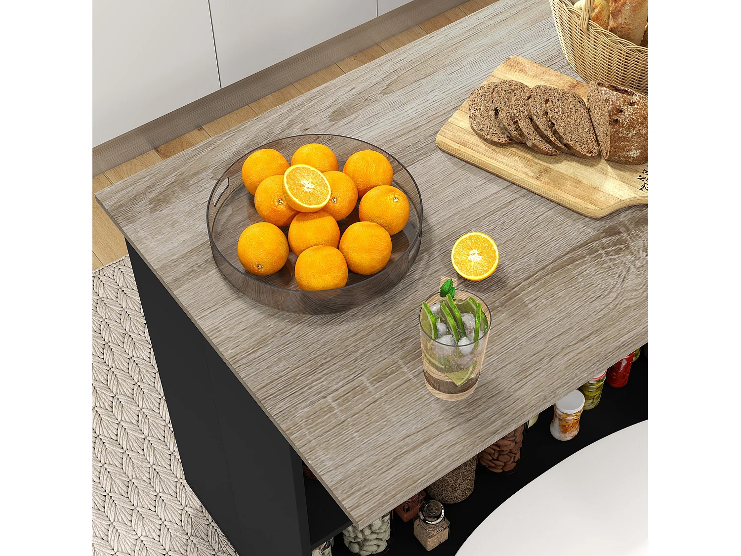 Isola per cucina con 2 ripiani e 2 armadietti in mdf nero e rovere