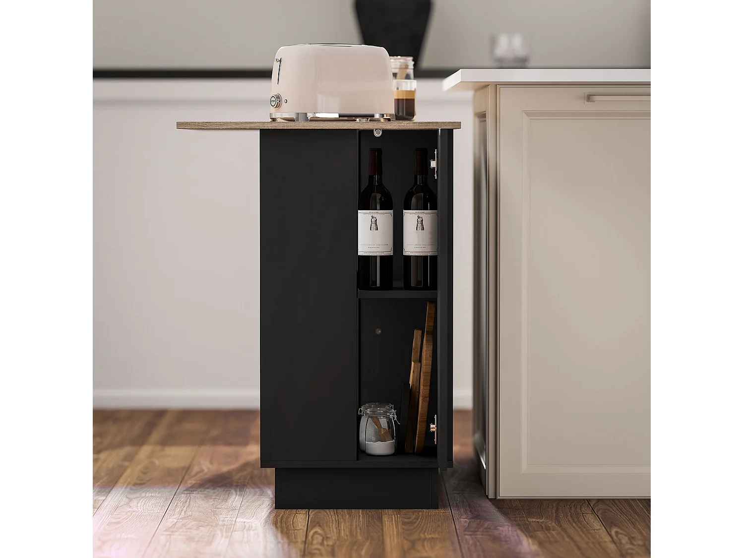 Isola per cucina con 2 ripiani e 2 armadietti in mdf nero e rovere