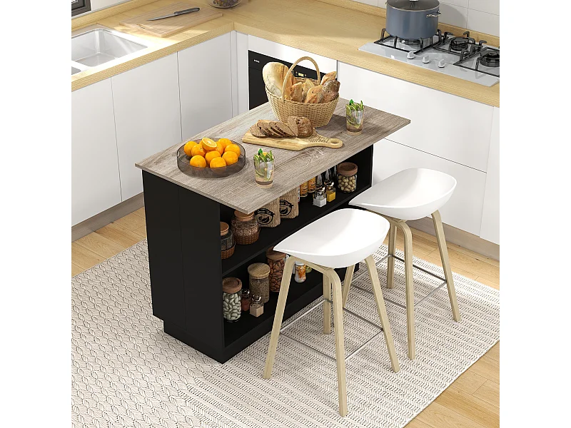 Isola per cucina con 2 ripiani e 2 armadietti in mdf nero e rovere