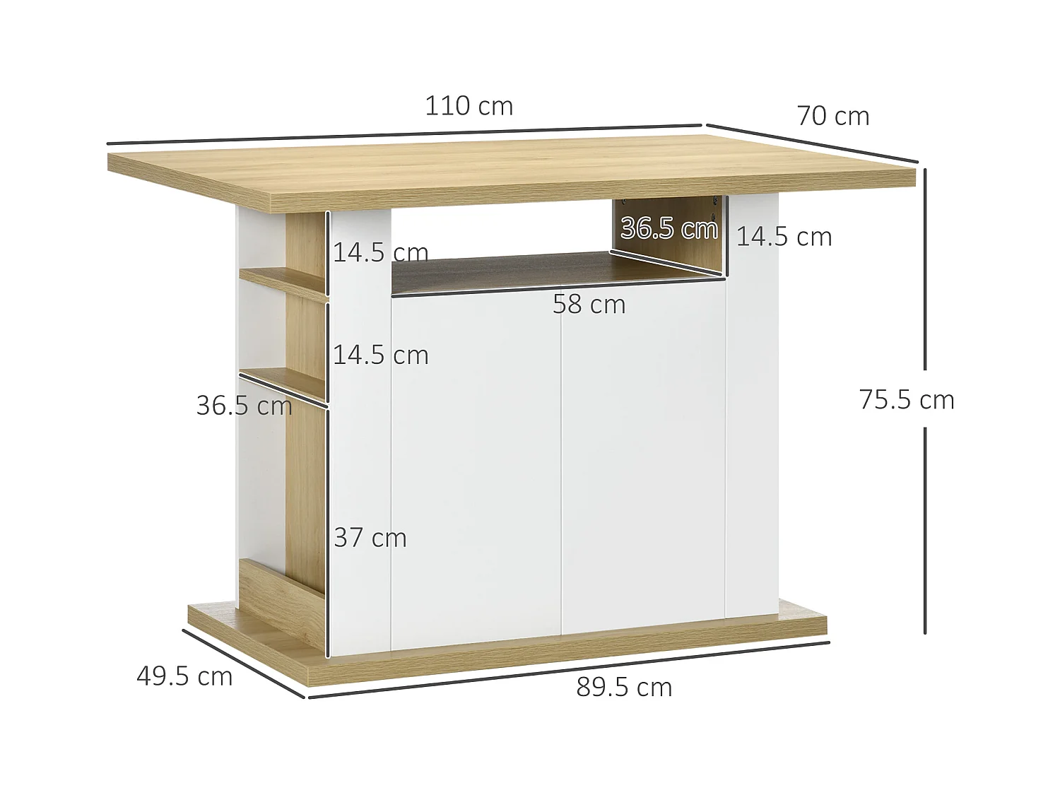 Isola per cucina 4-6 persone con armadietti e ripiani in truciolato