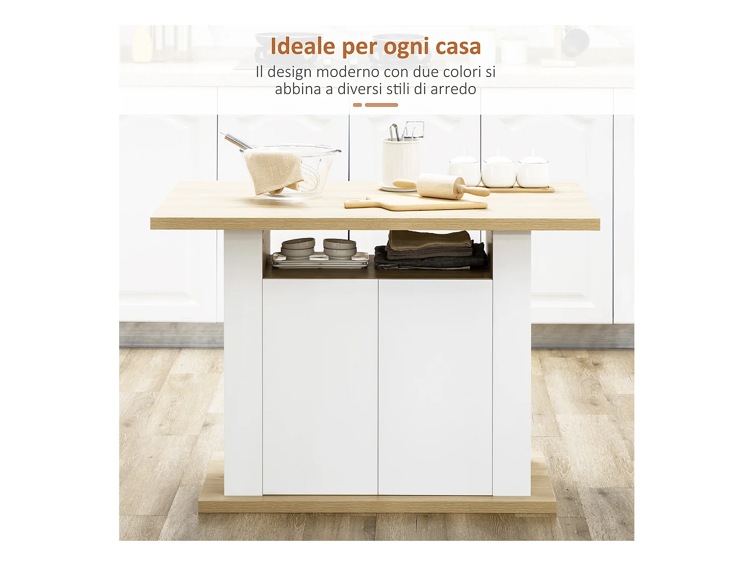 Isola per cucina 4-6 persone con armadietti e ripiani in truciolato