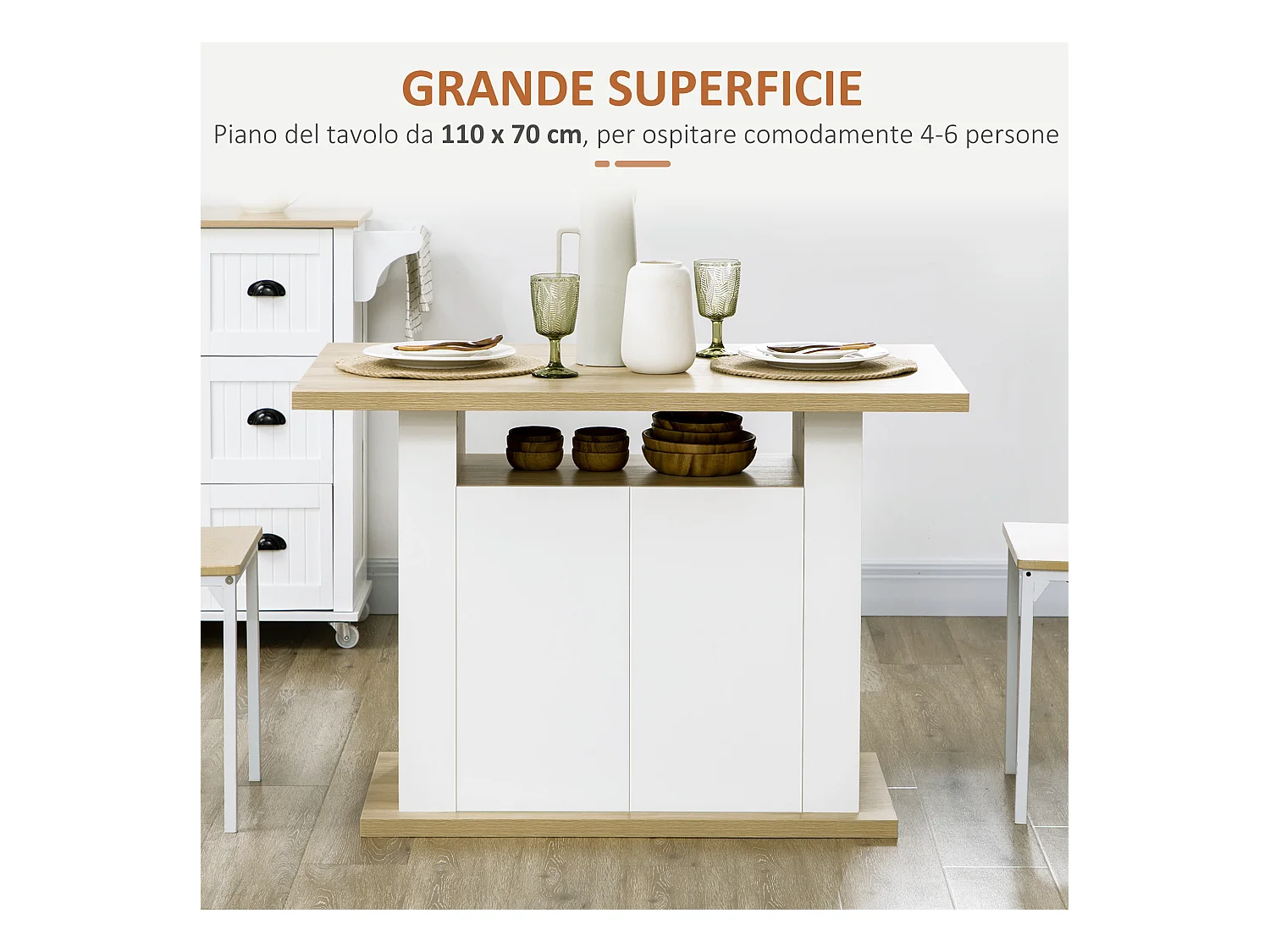 Isola per cucina 4-6 persone con armadietti e ripiani in truciolato