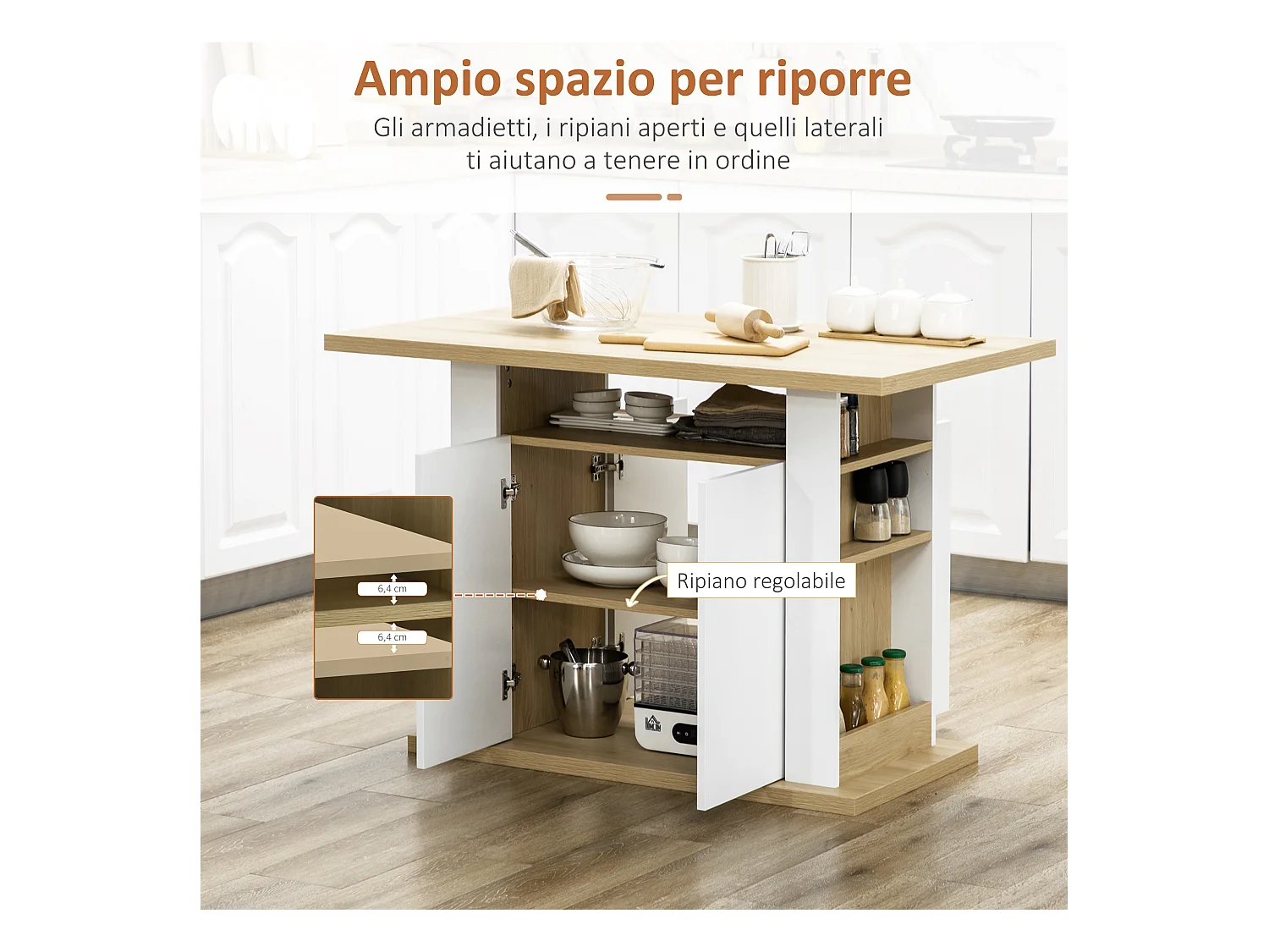 Isola per cucina 4-6 persone con armadietti e ripiani in truciolato