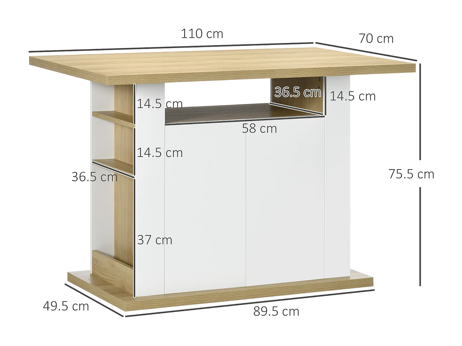 Isola per cucina 4-6 persone con armadietti e ripiani in truciolato