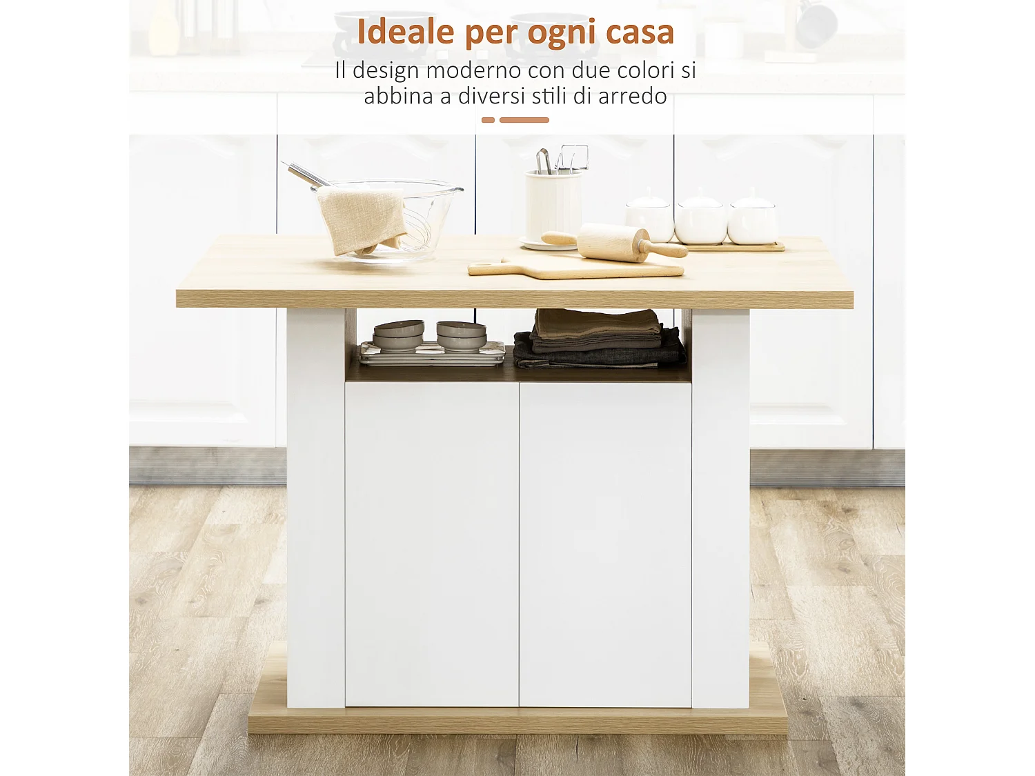 Isola per cucina 4-6 persone con armadietti e ripiani in truciolato