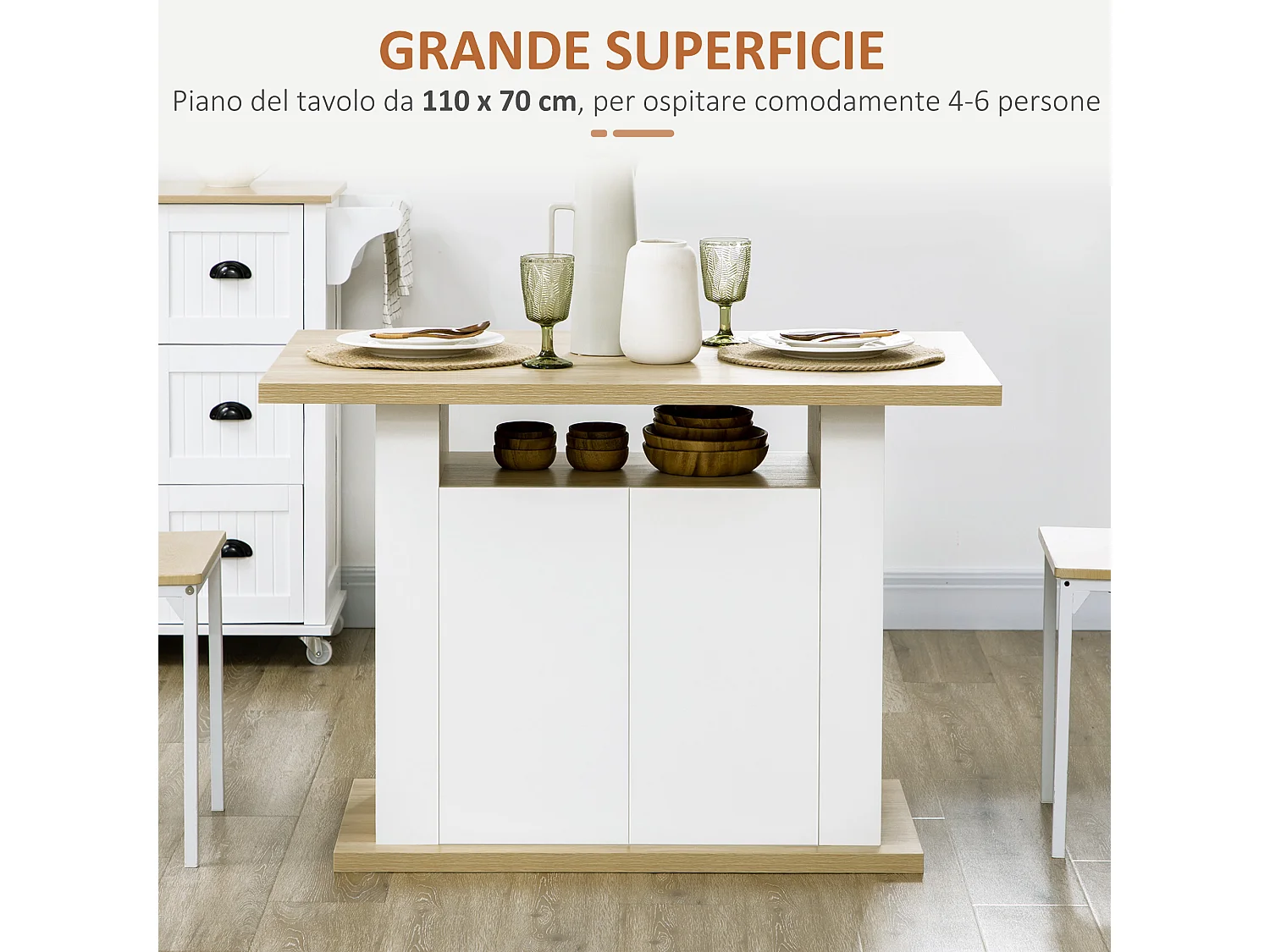 Isola per cucina 4-6 persone con armadietti e ripiani in truciolato