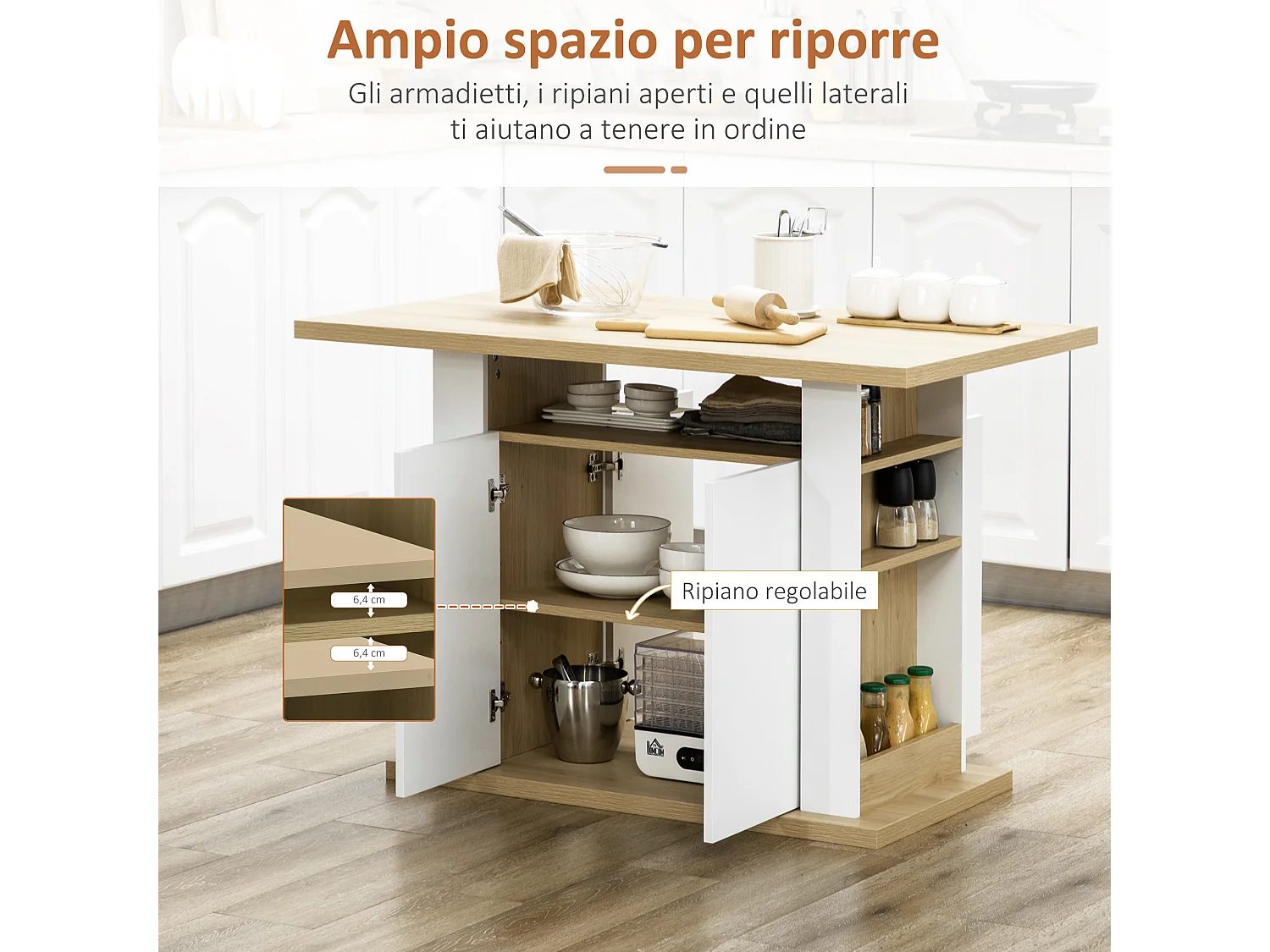 Isola per cucina 4-6 persone con armadietti e ripiani in truciolato