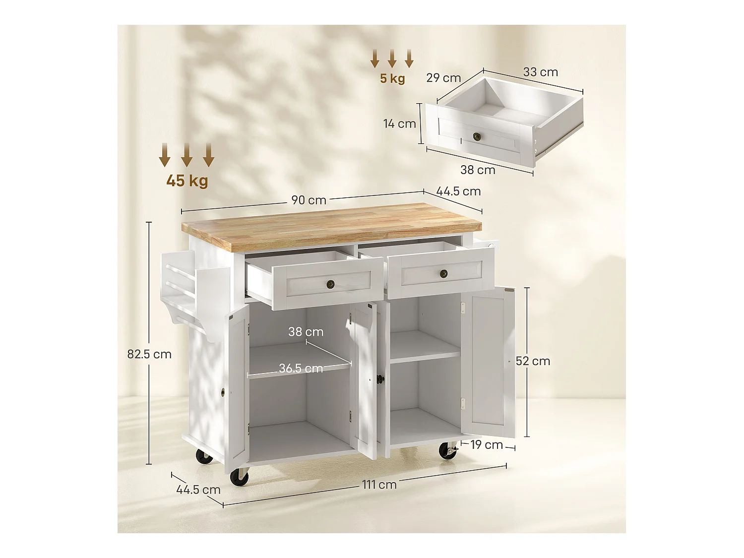 Carrello da cucina con cassetti armadietti portaspezie 4 ruote
