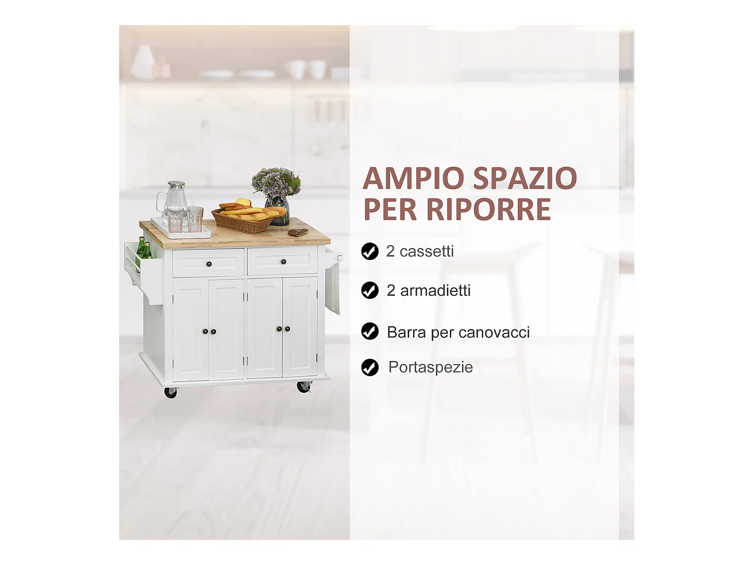 Carrello da cucina con cassetti armadietti portaspezie 4 ruote
