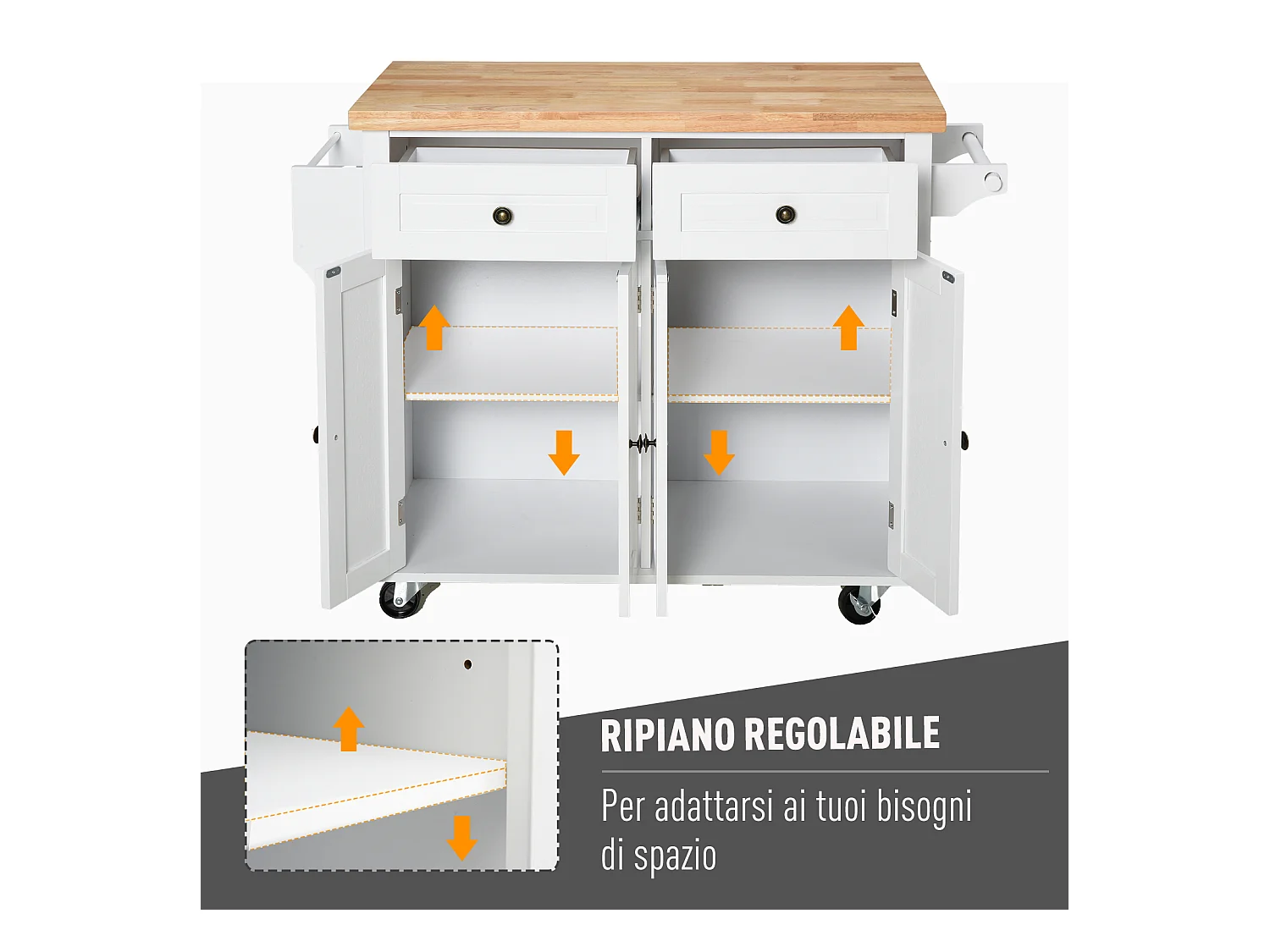 Carrello da cucina con cassetti armadietti portaspezie 4 ruote