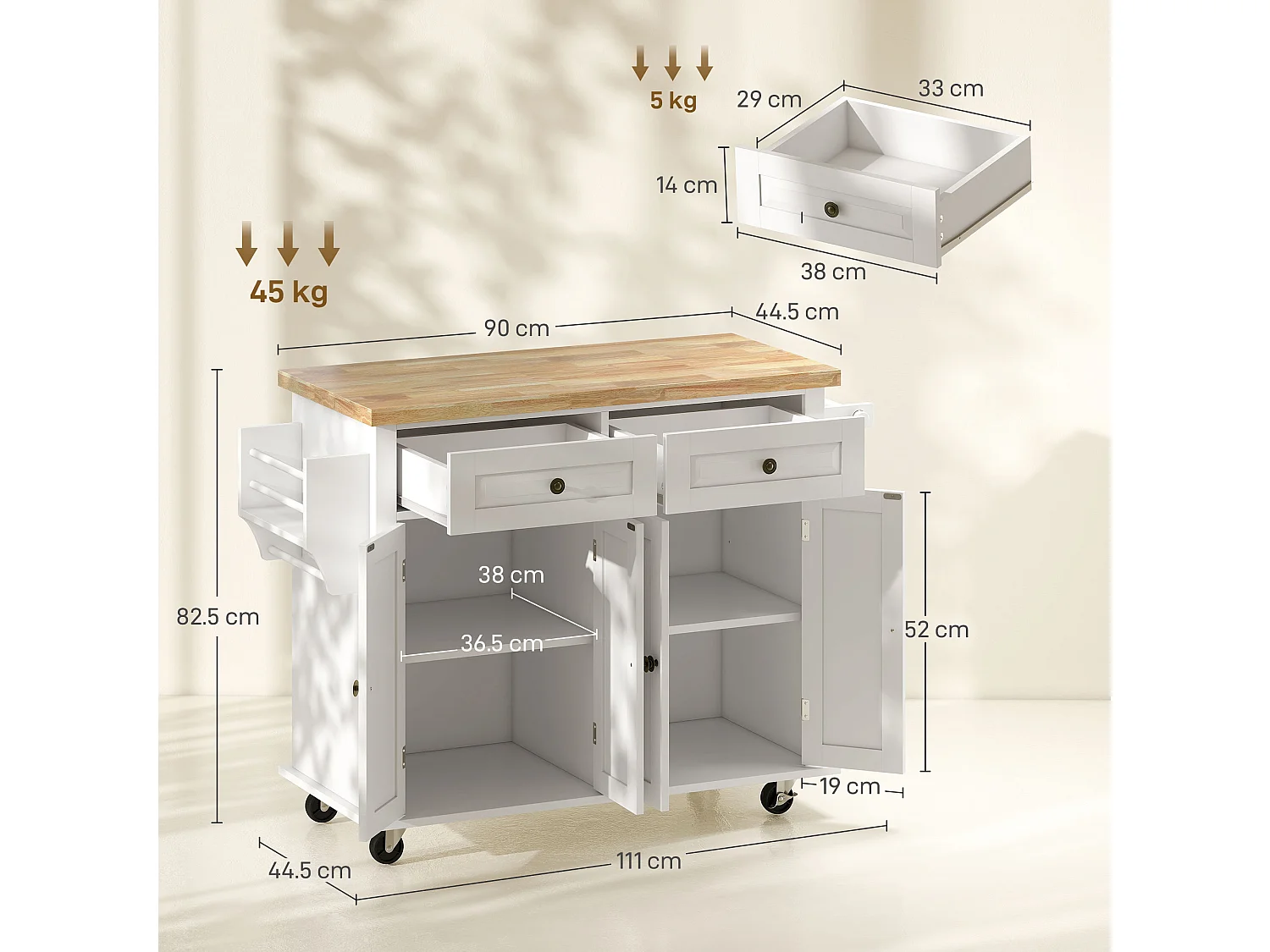 Carrello da cucina con cassetti armadietti portaspezie 4 ruote