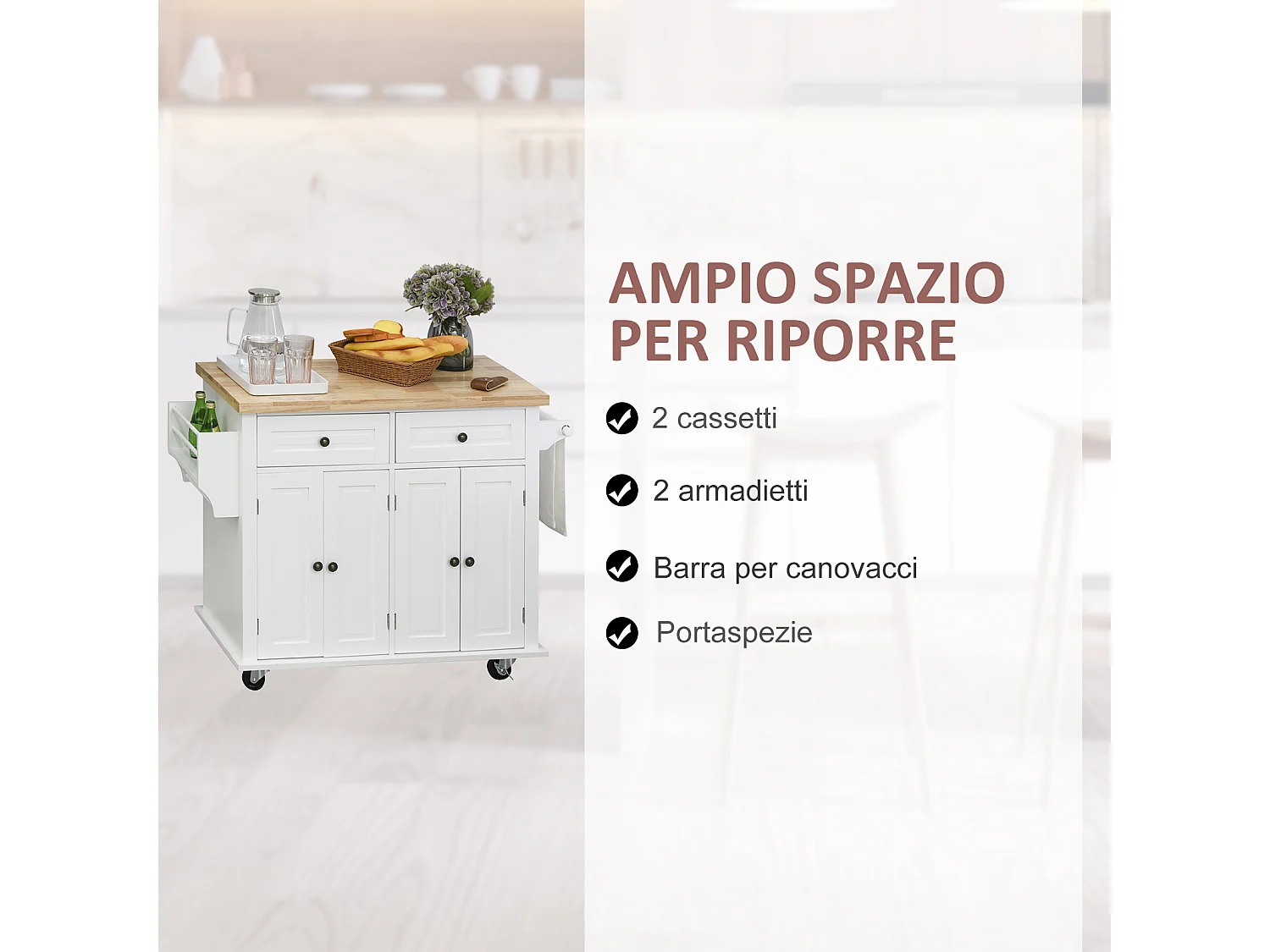 Carrello da cucina con cassetti armadietti portaspezie 4 ruote