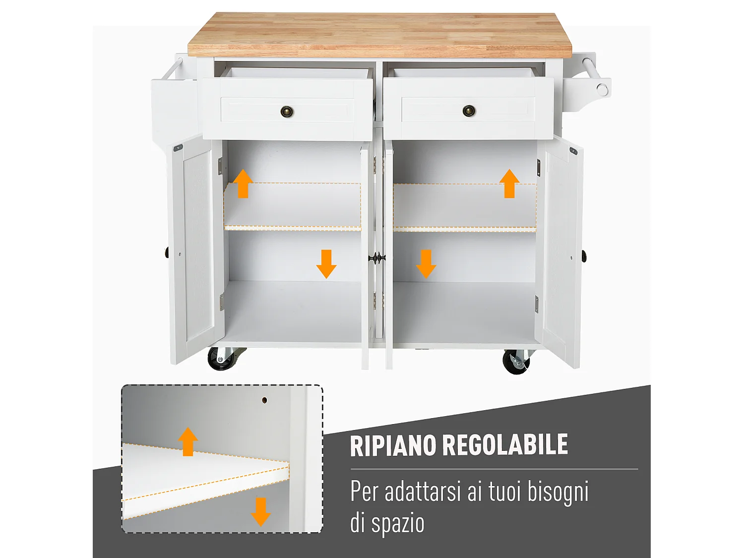 Carrello da cucina con cassetti armadietti portaspezie 4 ruote