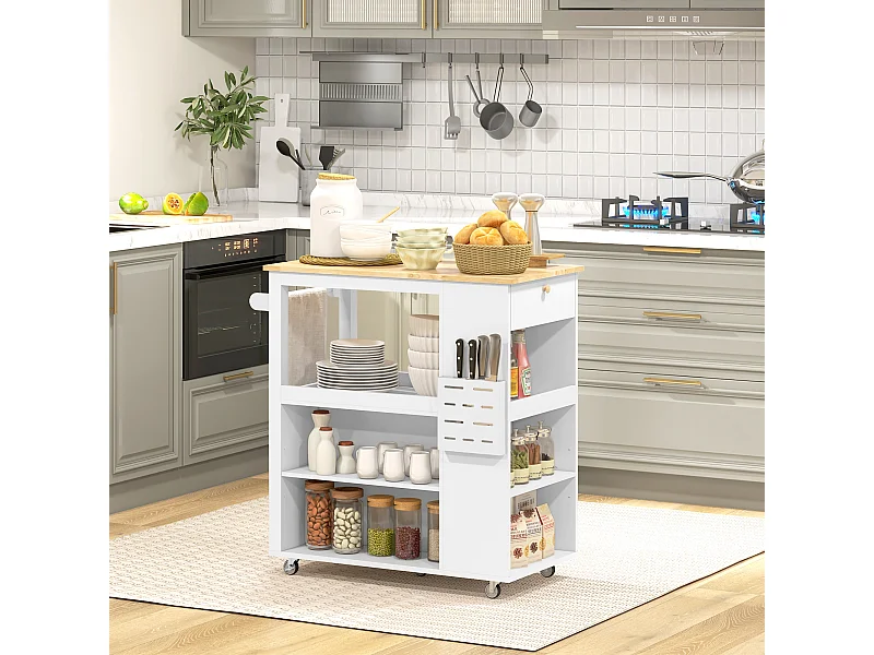 Carrello da cucina con ripiani regolabili e portacoltelli bianco