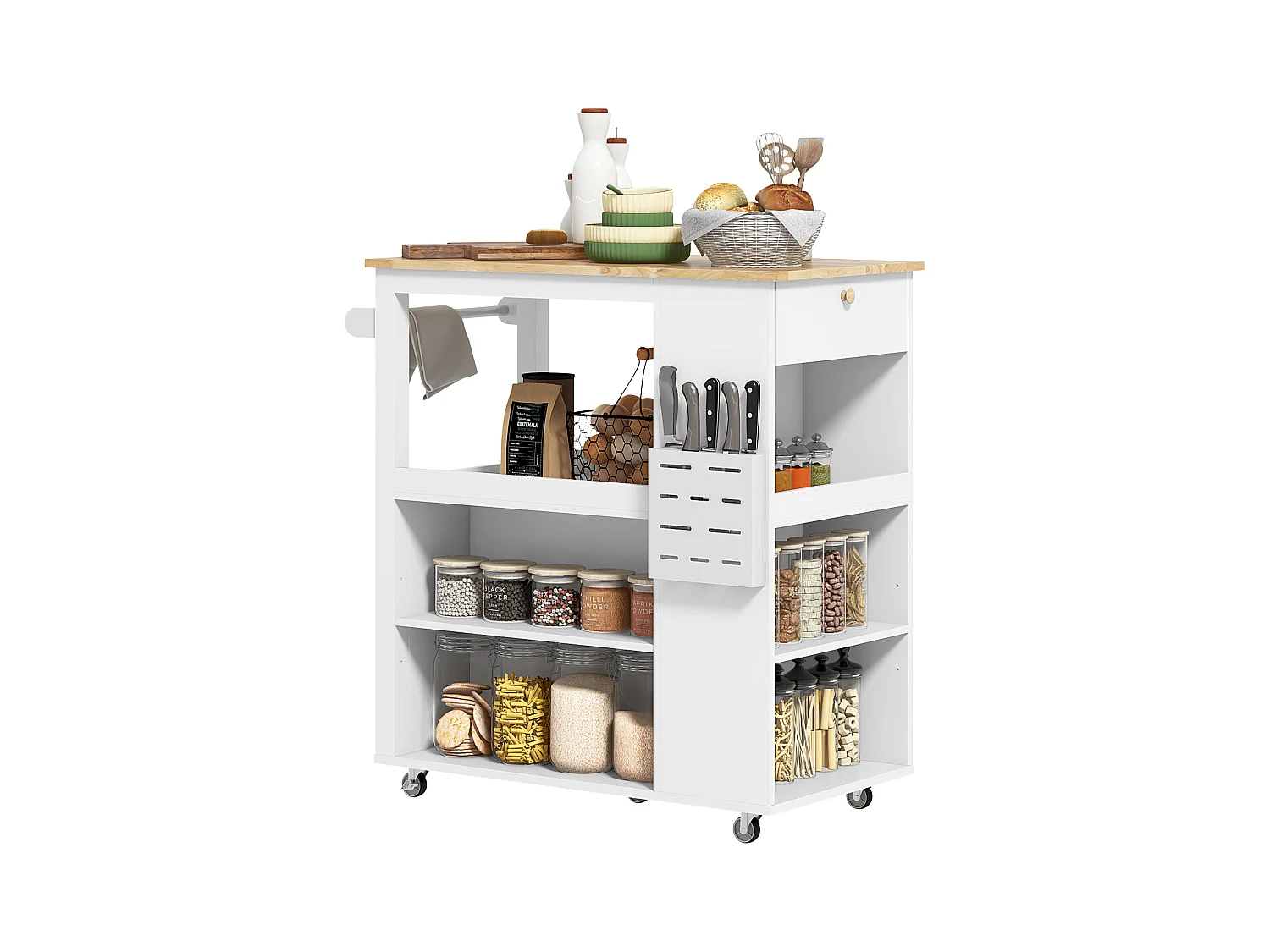 Carrello da cucina con ripiani regolabili e portacoltelli bianco