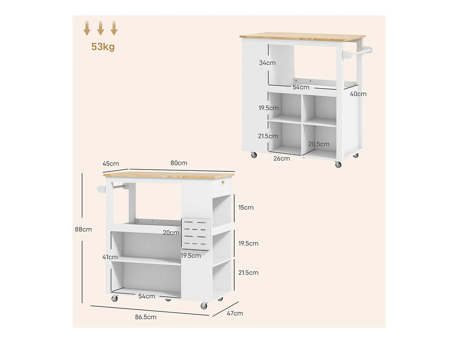 Carrello da cucina con ripiani regolabili e portacoltelli bianco