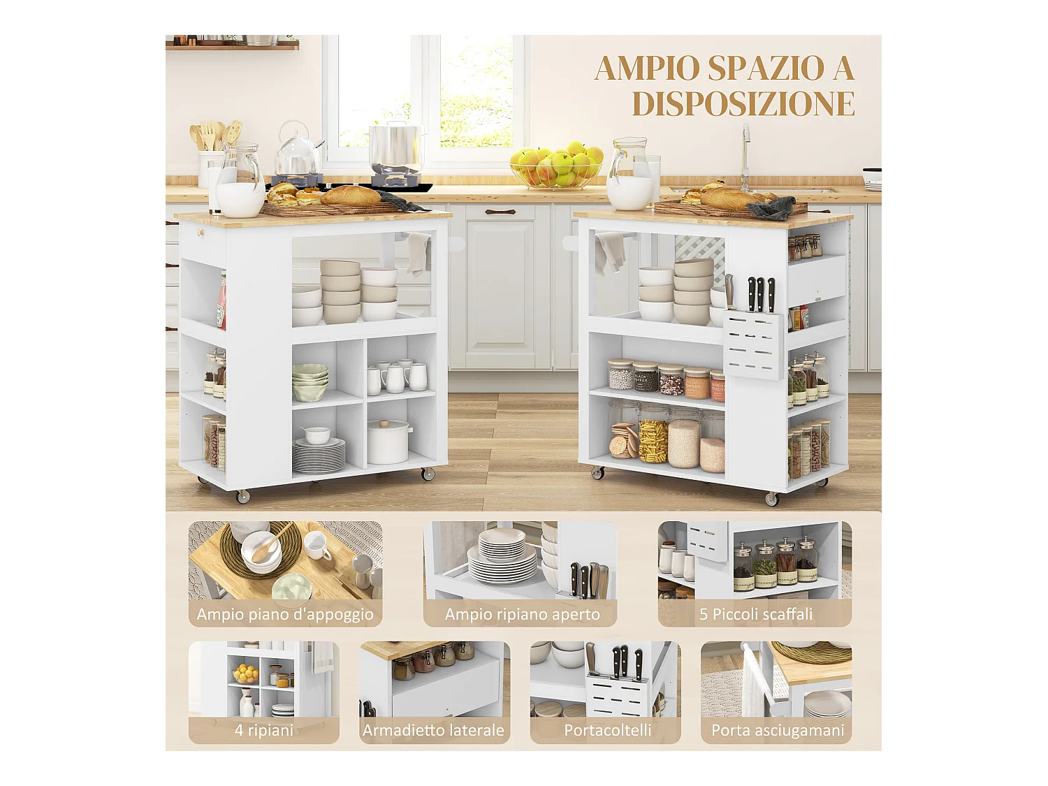 Carrello da cucina con ripiani regolabili e portacoltelli bianco