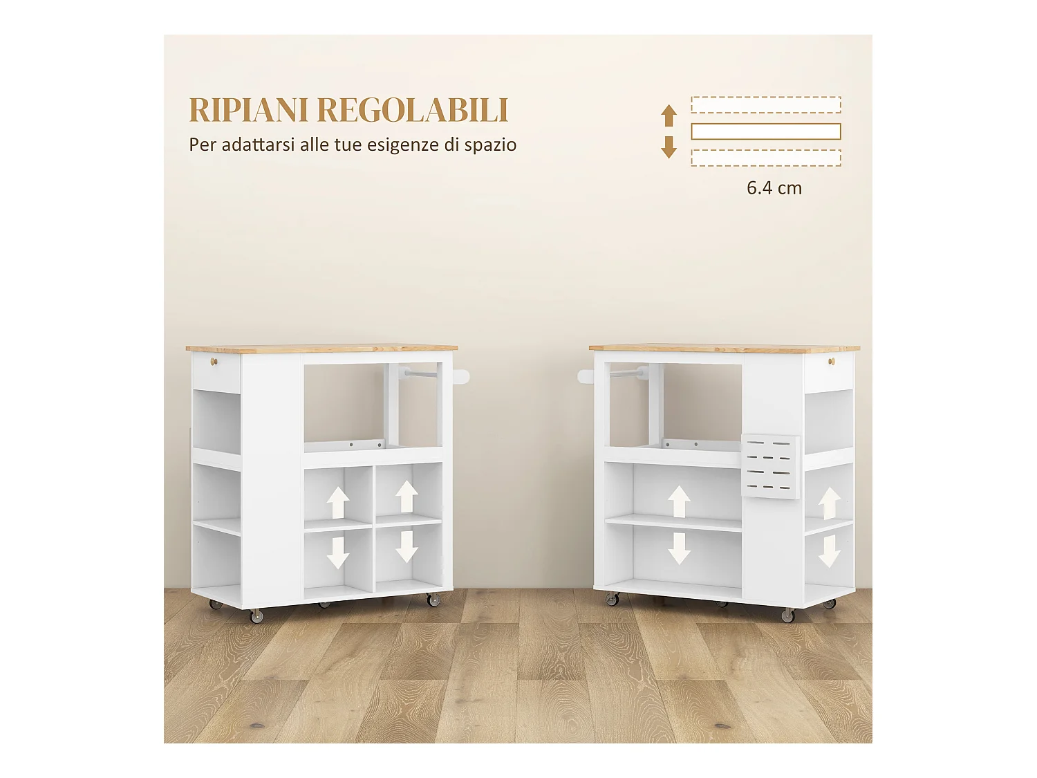 Carrello da cucina con ripiani regolabili e portacoltelli bianco