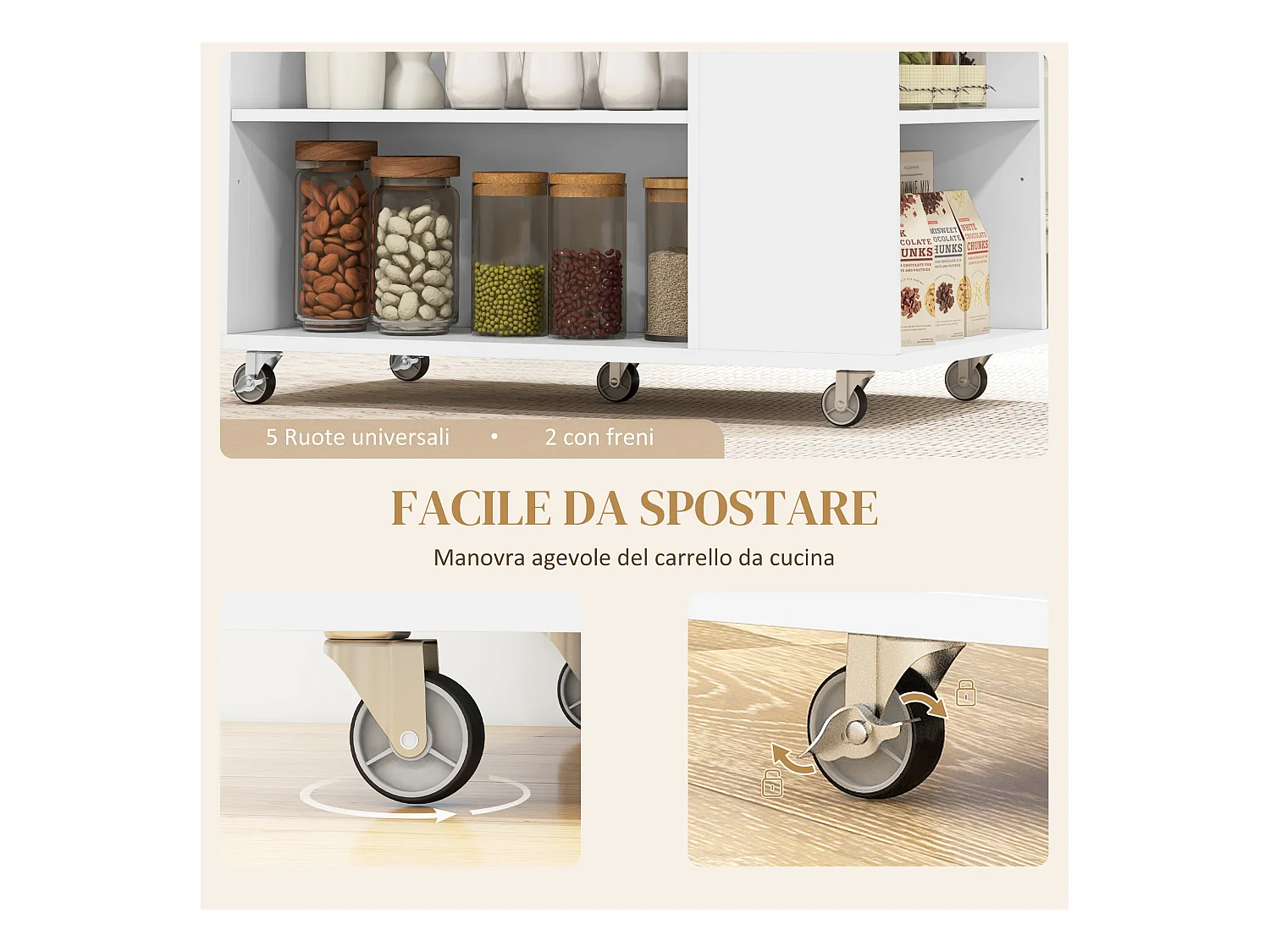 Carrello da cucina con ripiani regolabili e portacoltelli bianco