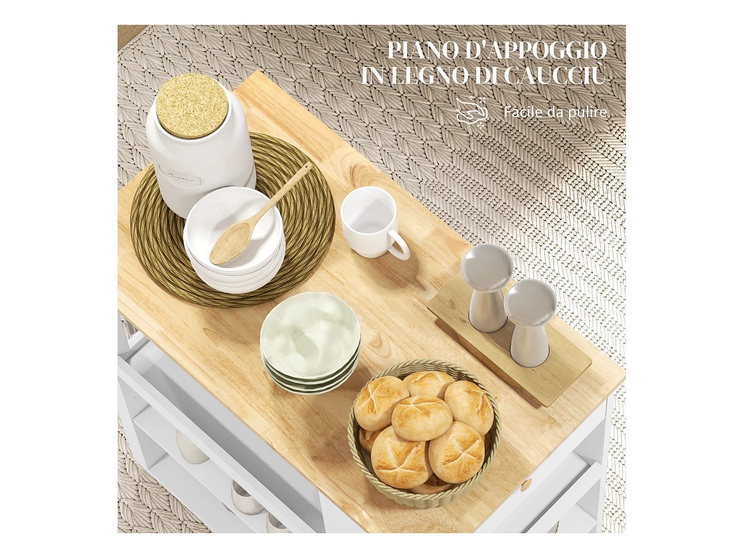 Carrello da cucina con ripiani regolabili e portacoltelli bianco