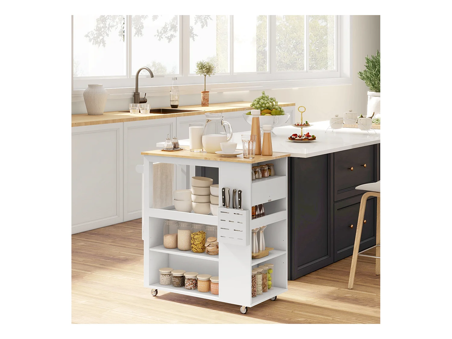 Carrello da cucina con ripiani regolabili e portacoltelli bianco