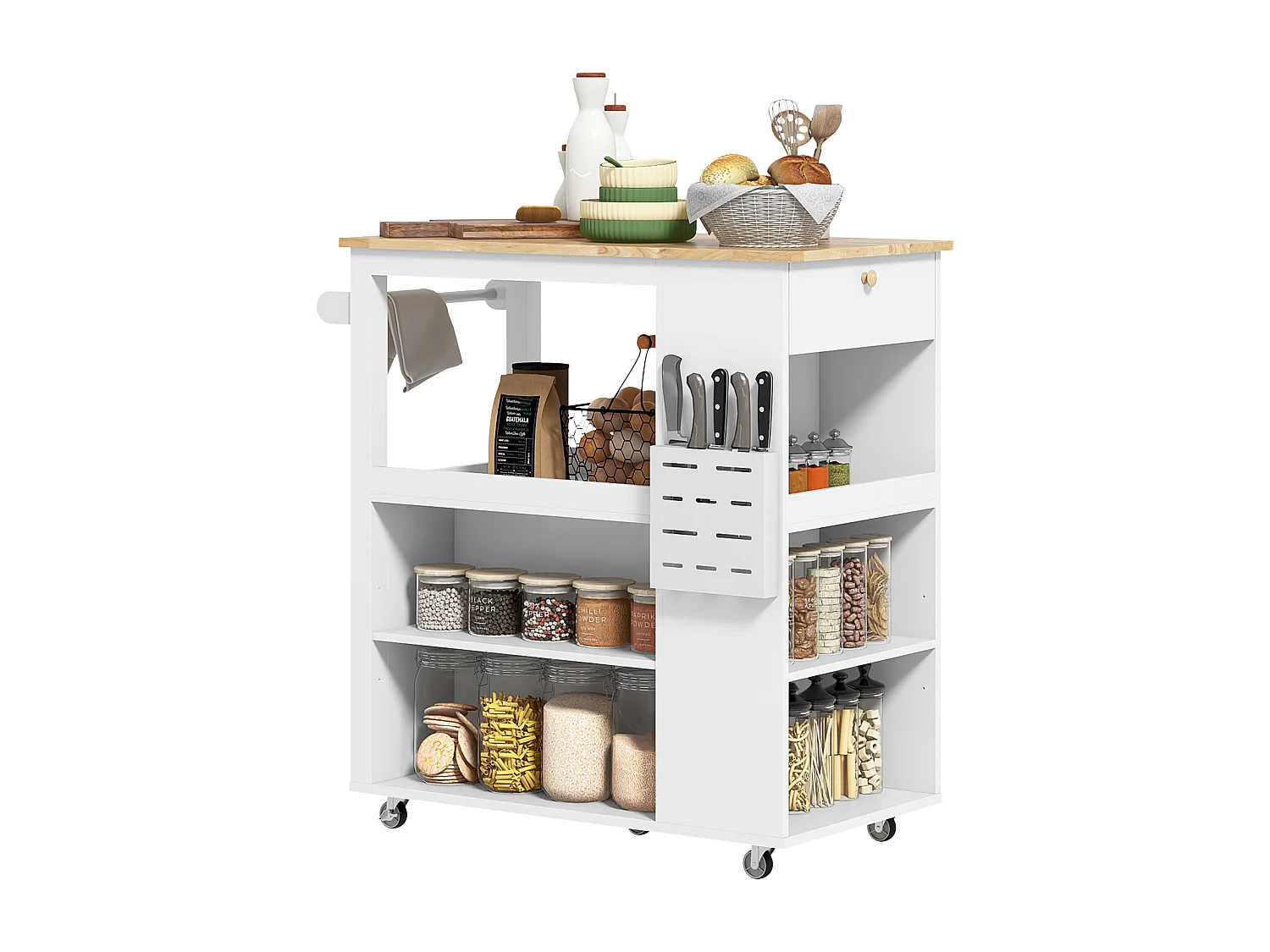 Carrello da cucina con ripiani regolabili e portacoltelli bianco