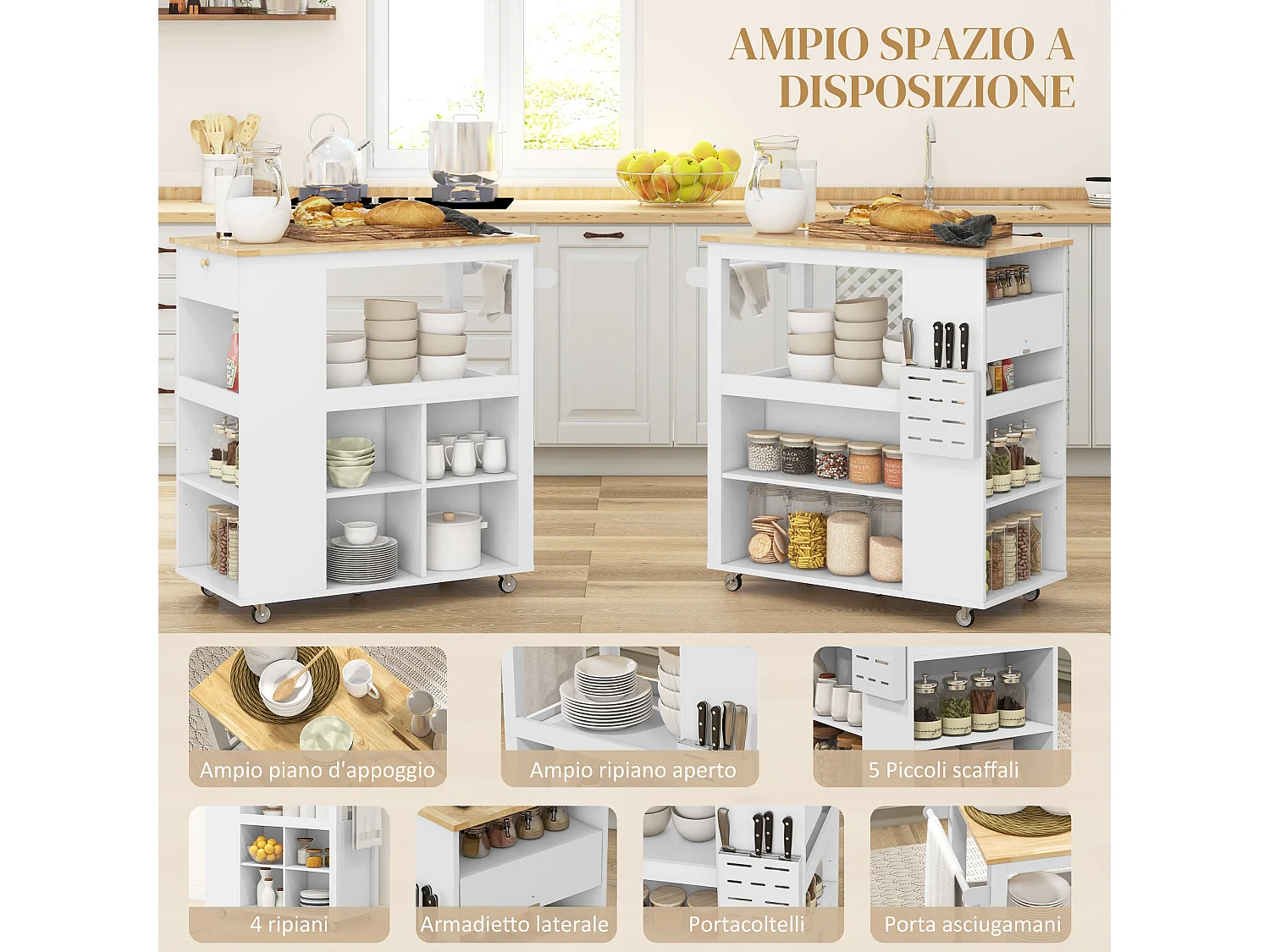 Carrello da cucina con ripiani regolabili e portacoltelli bianco