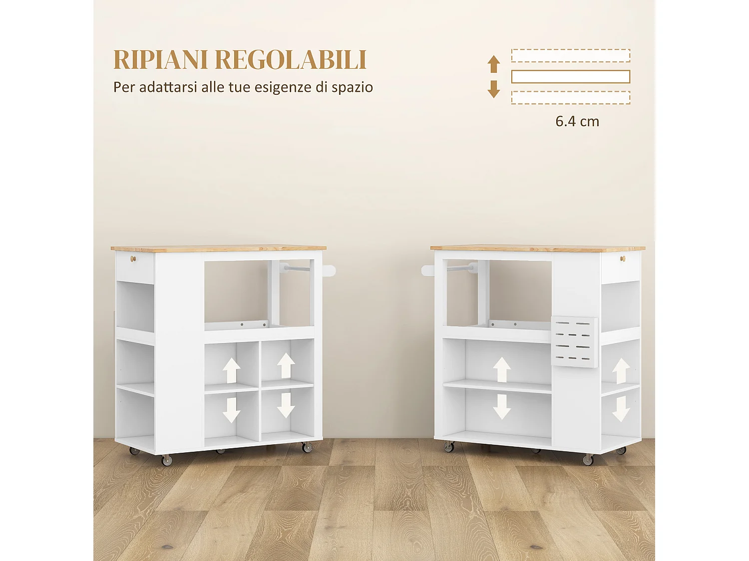 Carrello da cucina con ripiani regolabili e portacoltelli bianco