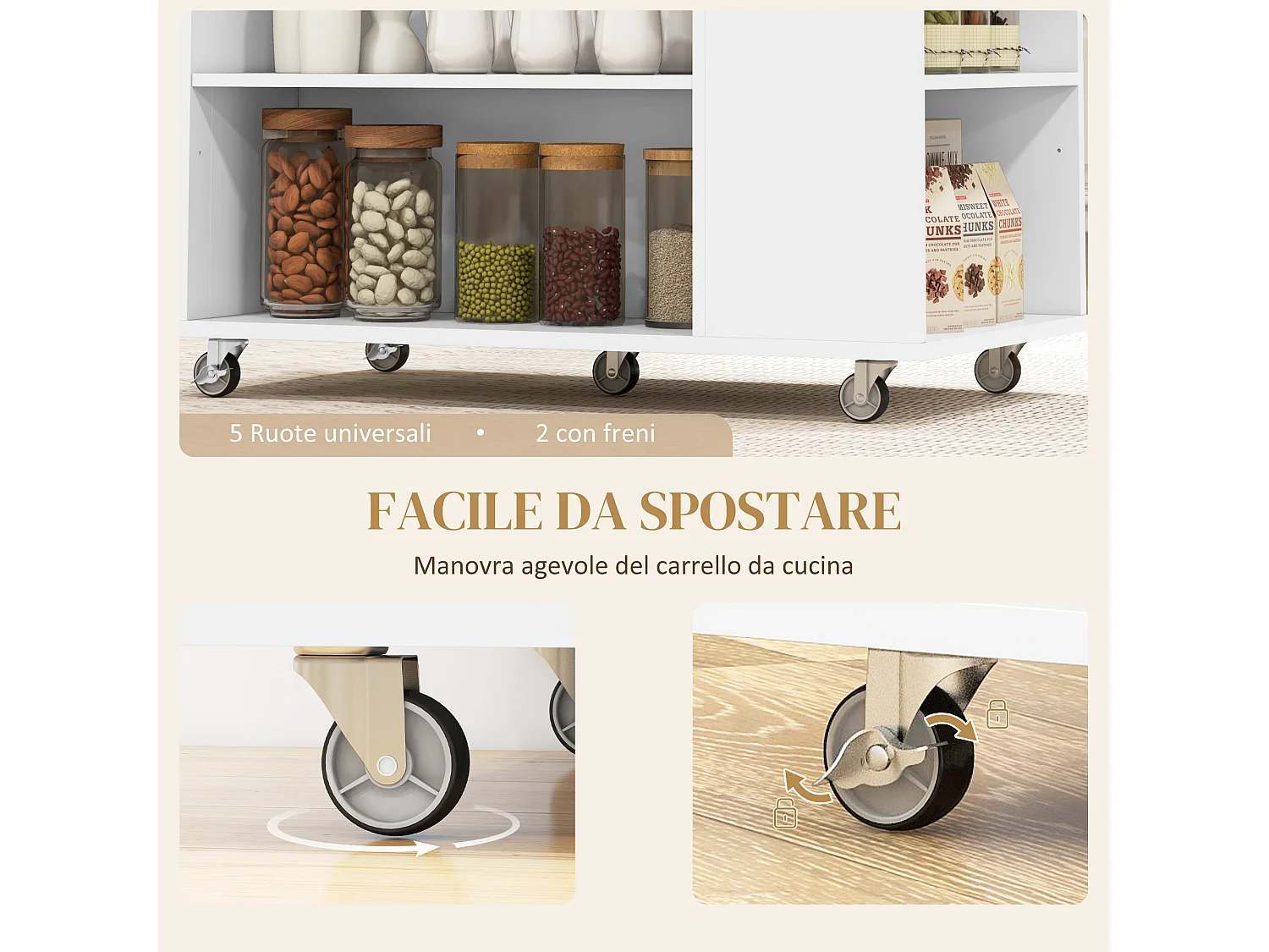 Carrello da cucina con ripiani regolabili e portacoltelli bianco