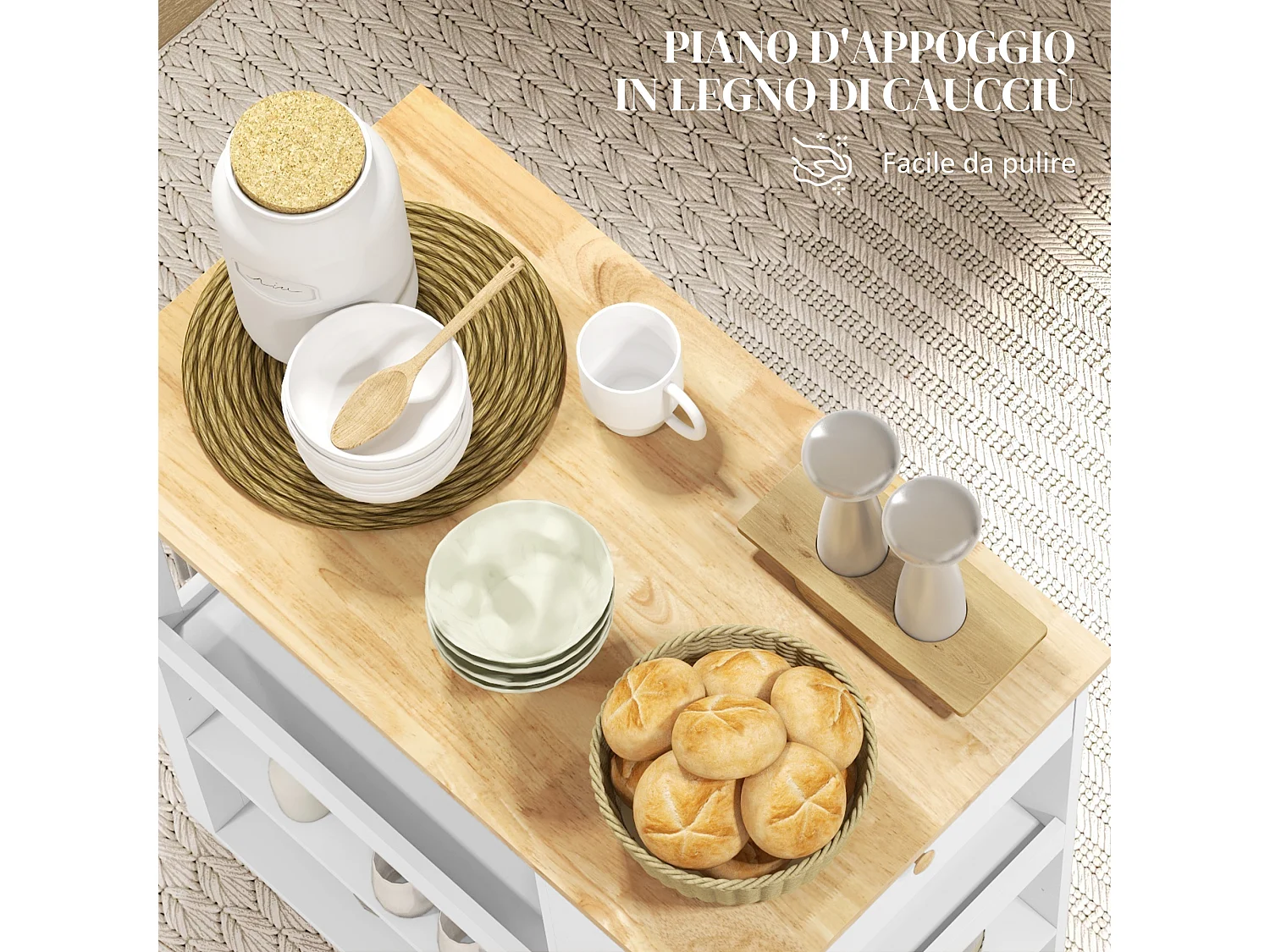 Carrello da cucina con ripiani regolabili e portacoltelli bianco