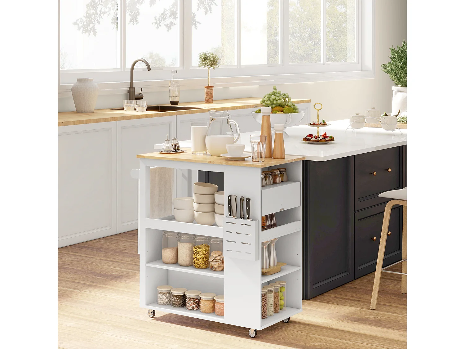 Carrello da cucina con ripiani regolabili e portacoltelli bianco