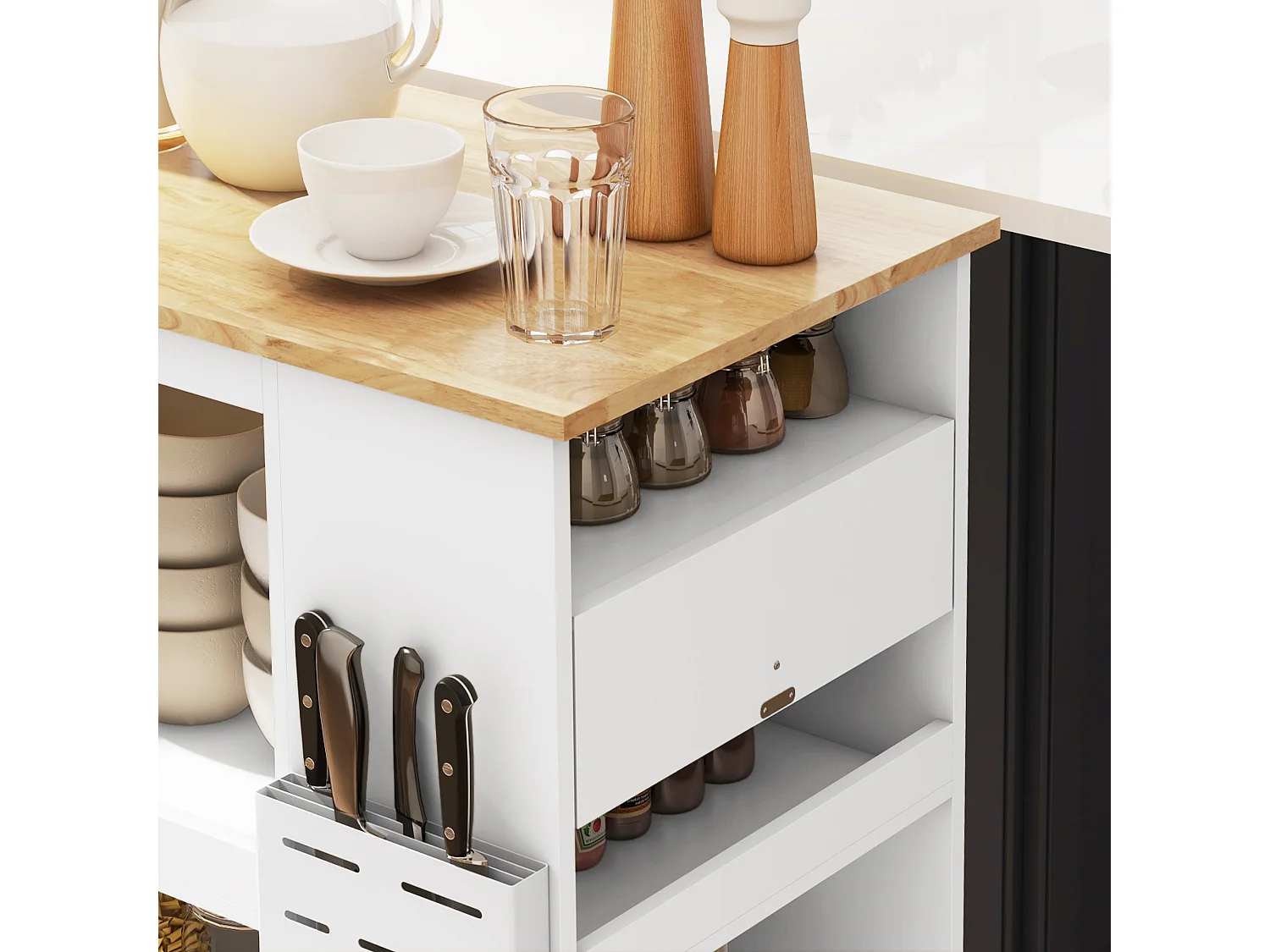 Carrello da cucina con ripiani regolabili e portacoltelli bianco