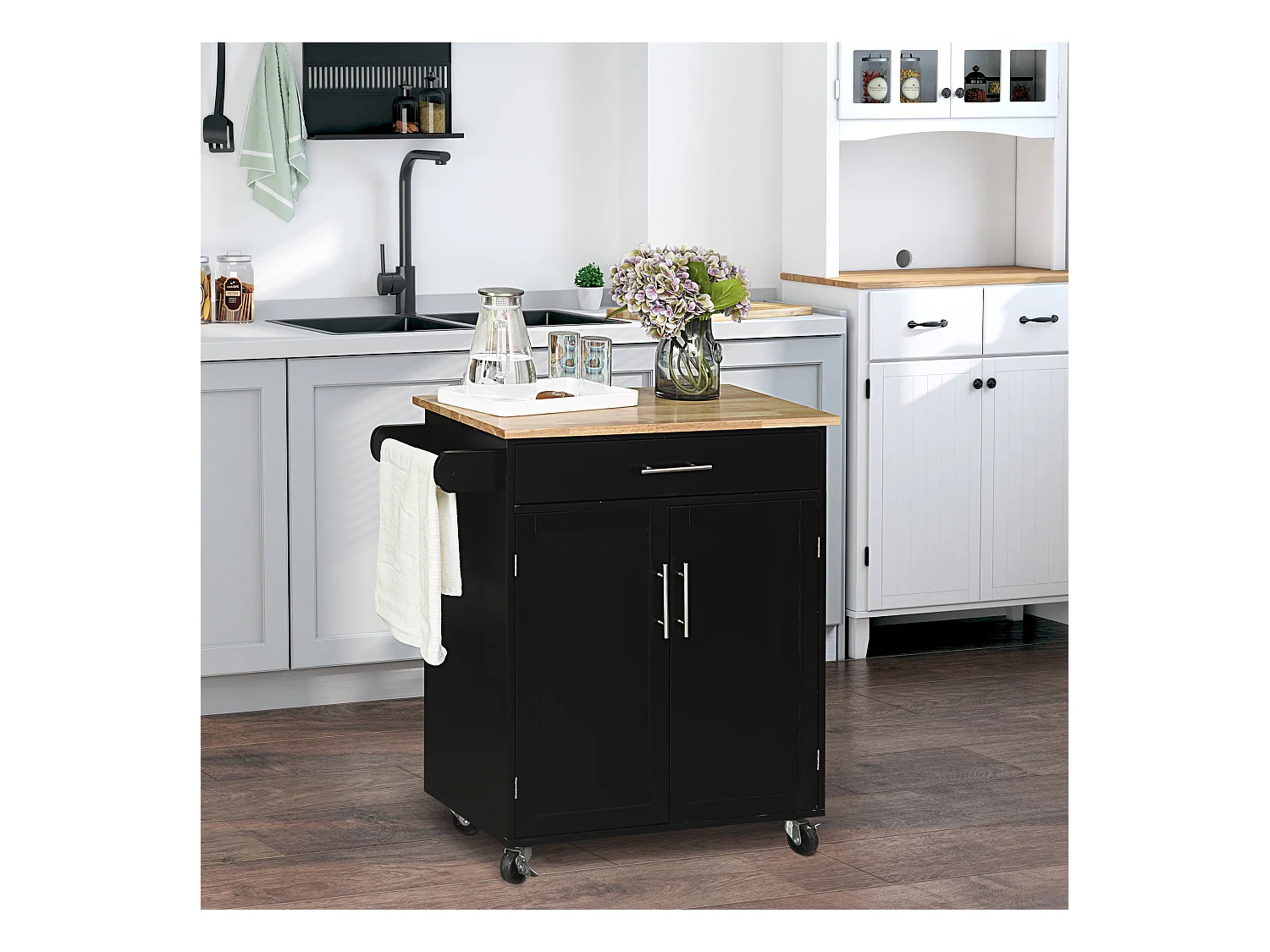 Carrello da cucina con cassetto armadietto 2 ante e ruote nero